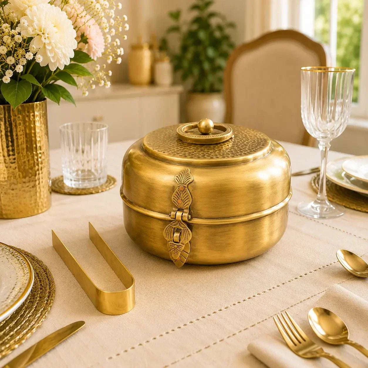 Brass Handcrafted Roti / Chapati Box With Tong (5.5 Inch) - Image 5