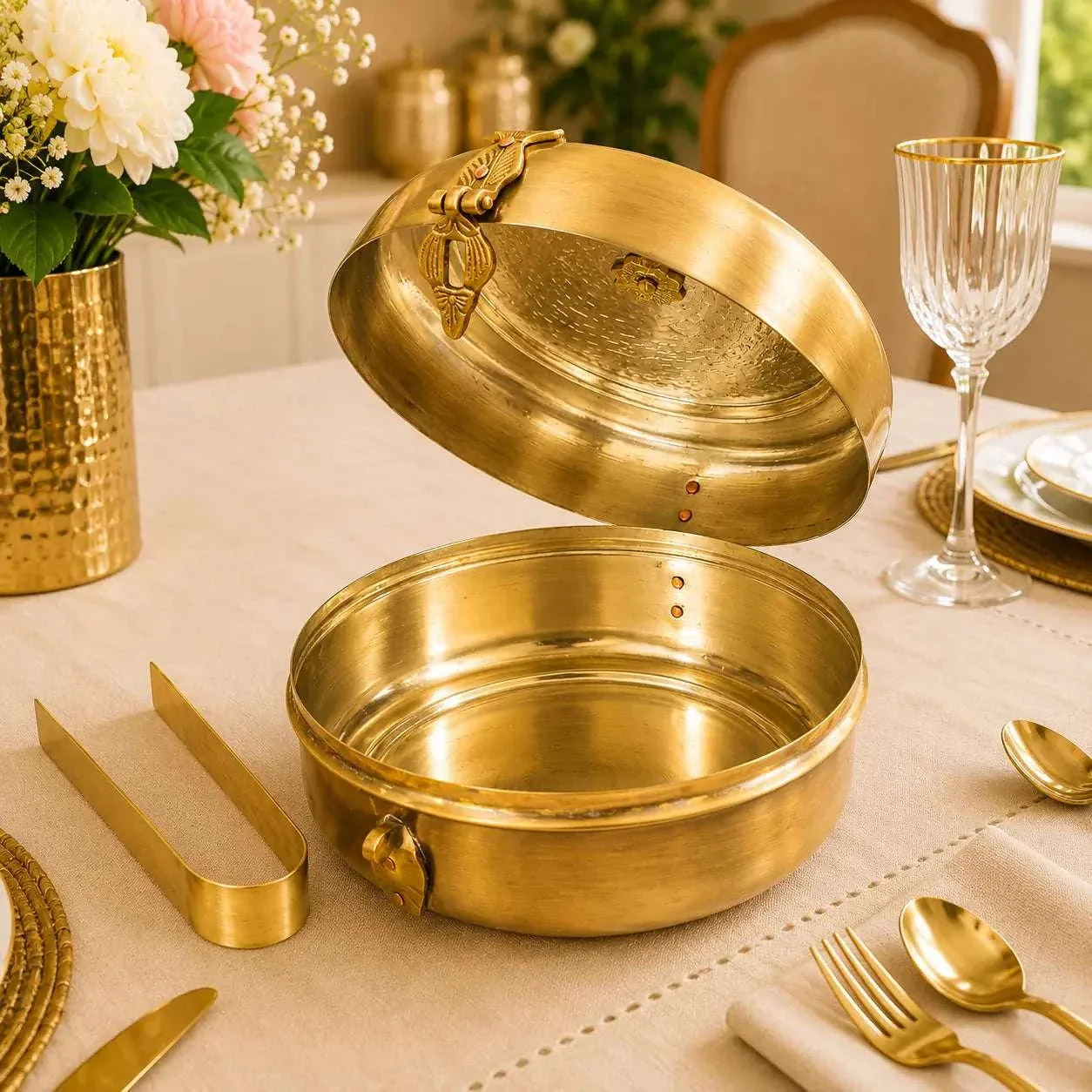 Brass Handcrafted Roti / Chapati Box With Tong (5.5 Inch) - Image 6
