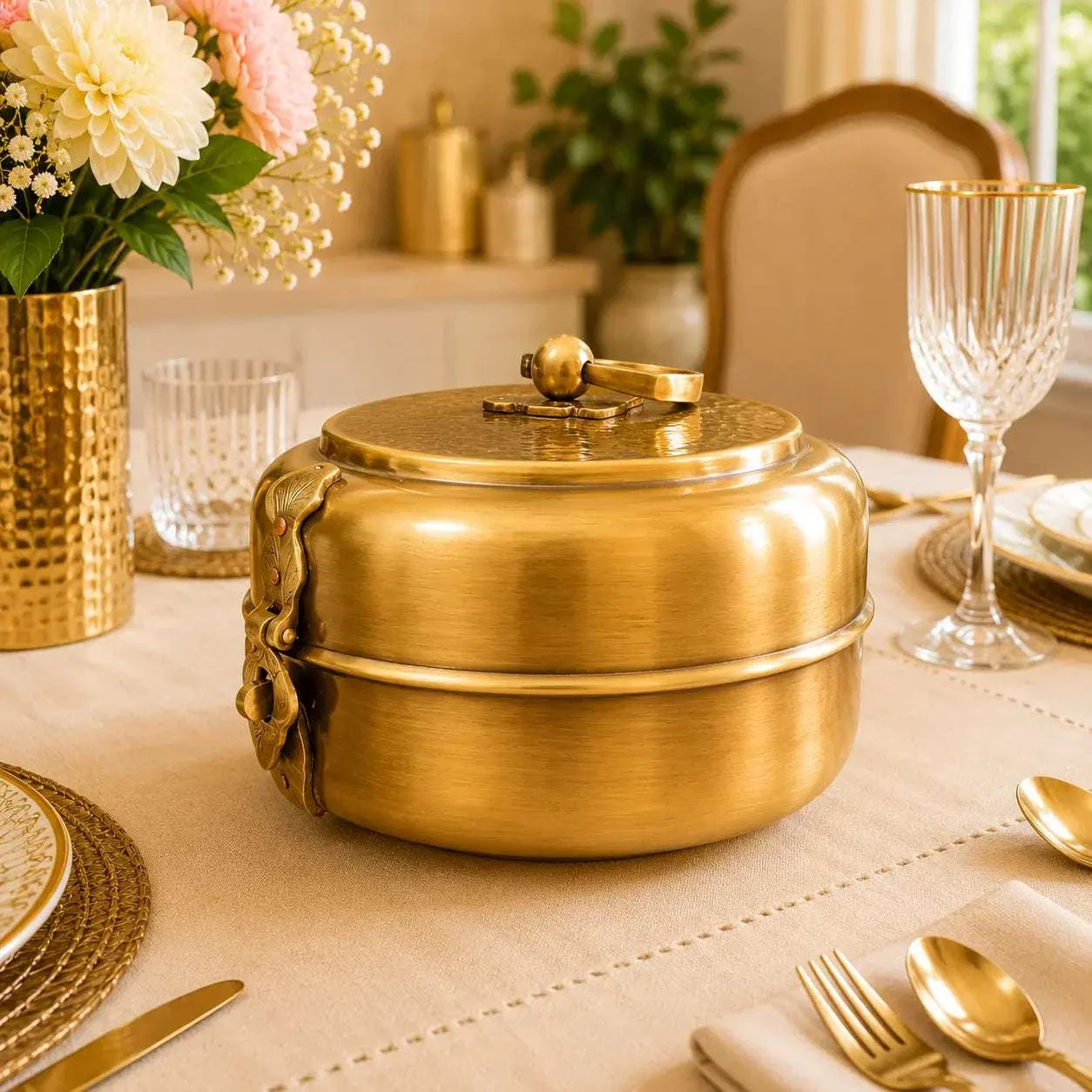 Brass Handcrafted Roti / Chapati Box With Tong (5.5 Inch) - Image 7