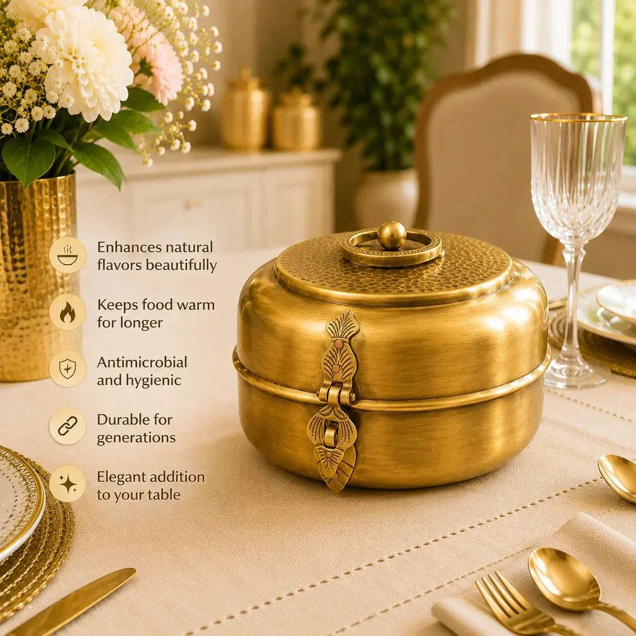 Brass Handcrafted Roti / Chapati Box With Tong (5.5 Inch) - Image 9