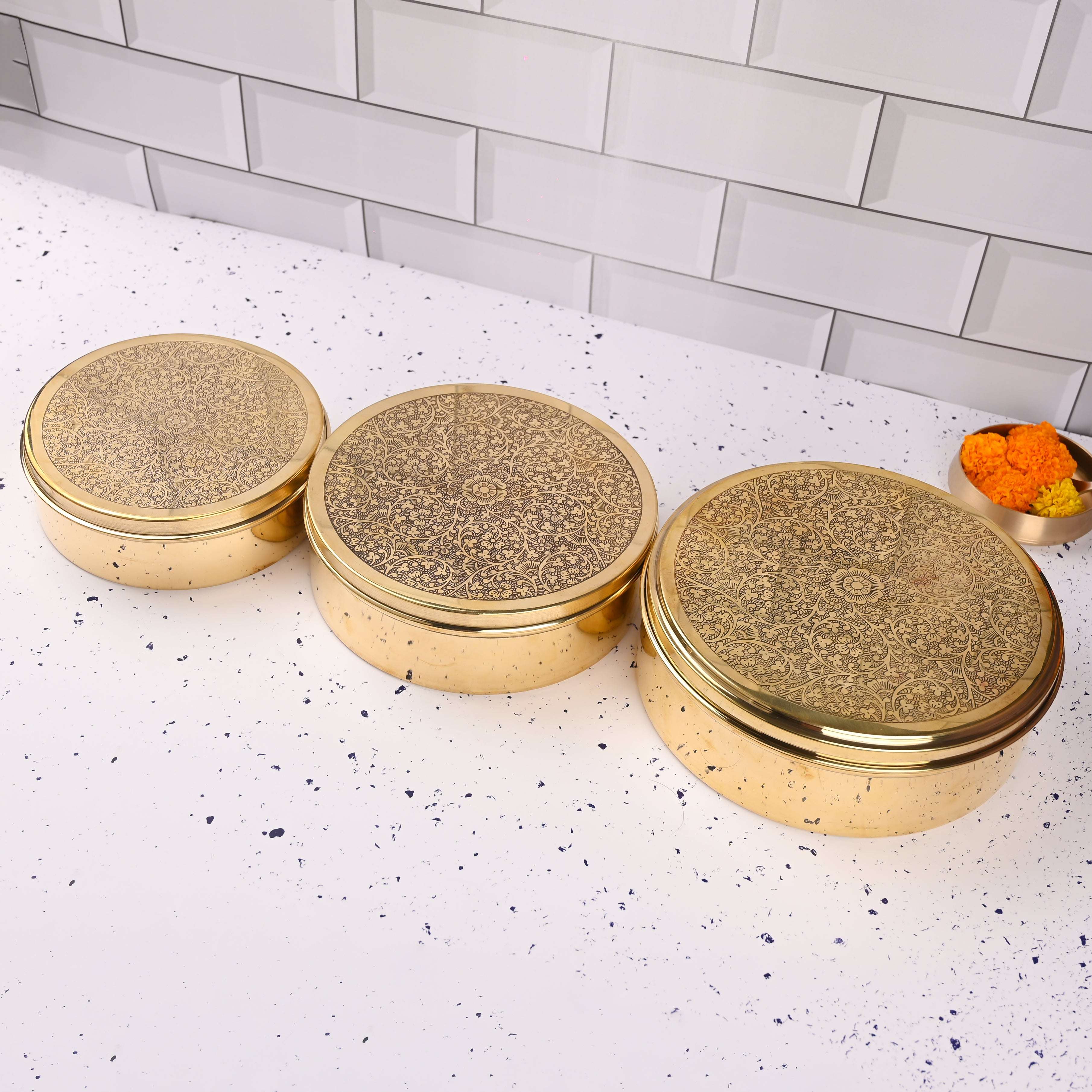 Brass Handcrafted Chapati/Roti Box Set of Three – Traditional Brassware (9.4 Inch) - Image 2