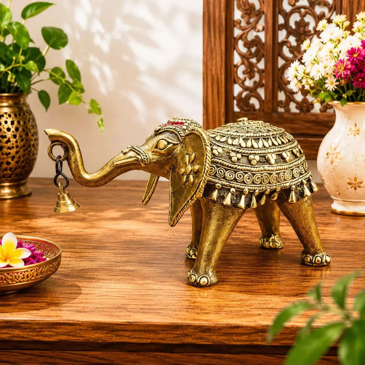 Brass Handcrafted Dhokra Elephant Statue With Bell (5.5 Inch)