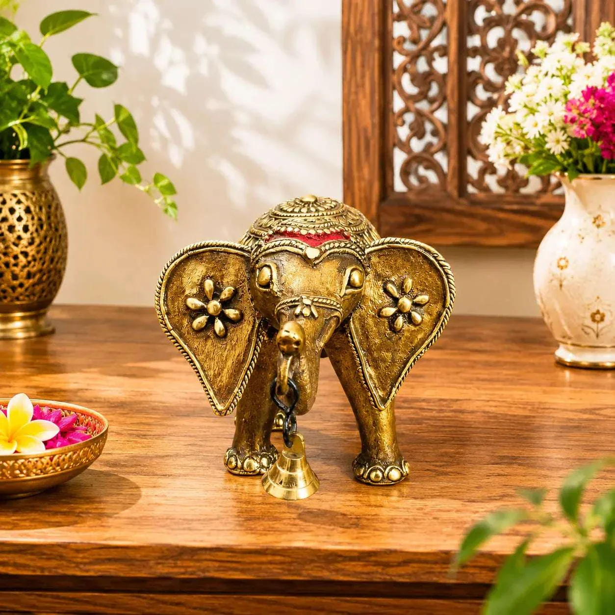 Brass Handcrafted Dhokra Elephant Statue With Bell (5.5 Inch) - Image 2