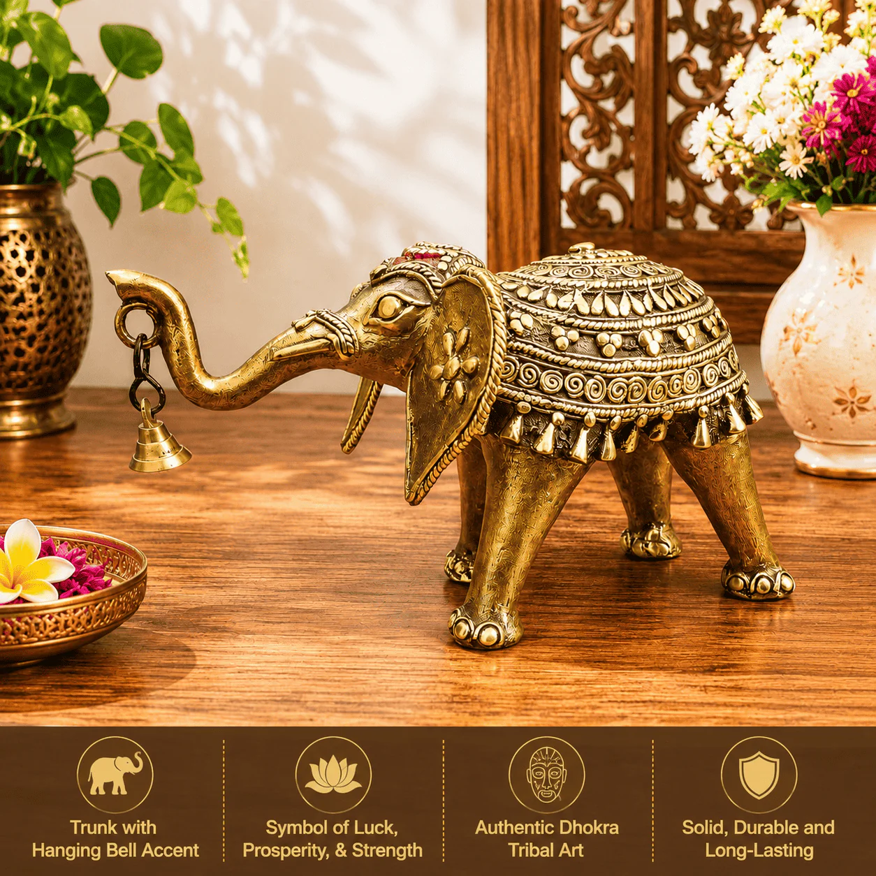 Brass Handcrafted Dhokra Elephant Statue With Bell (5.5 Inch) - Image 9