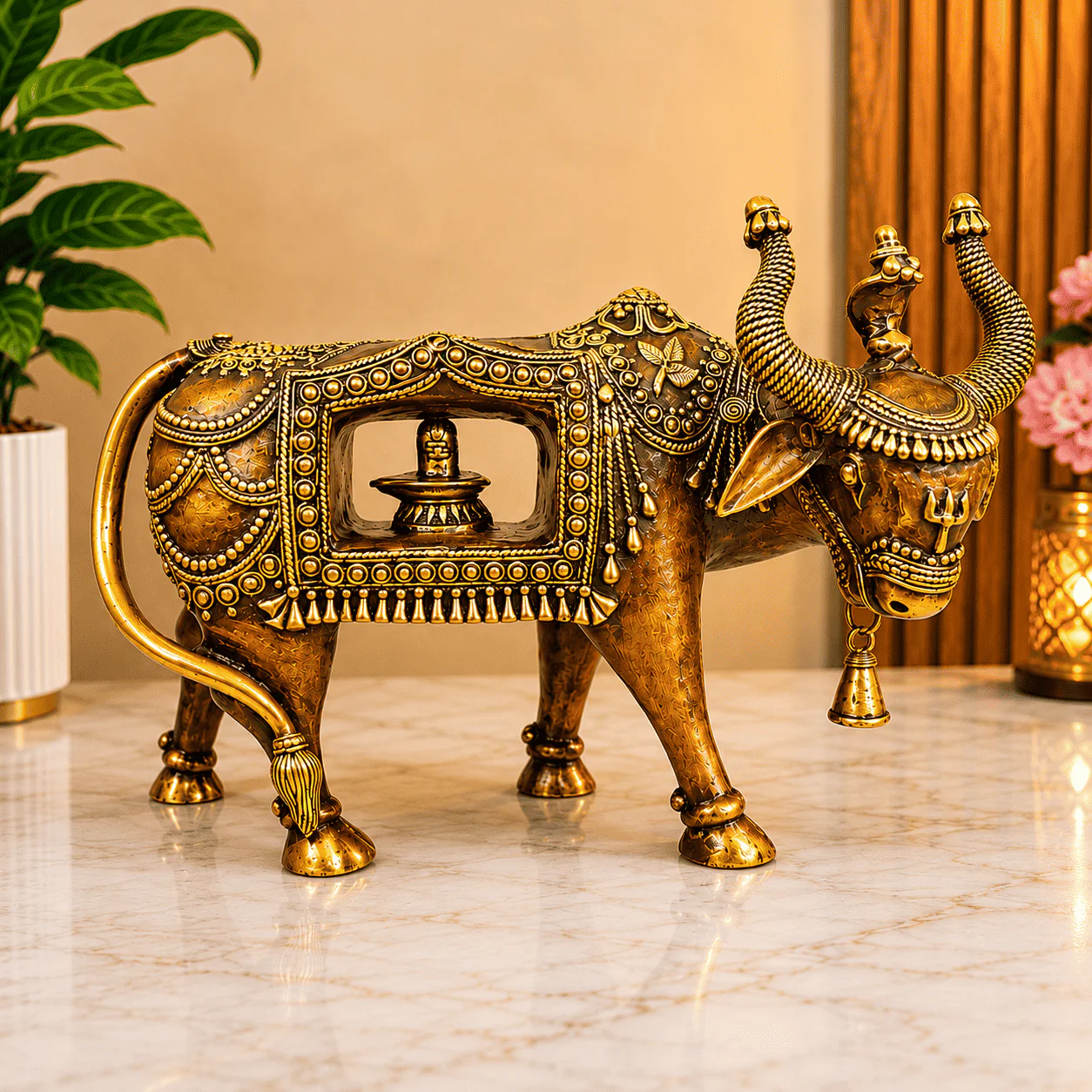 Brass Handcrafted Dhokra Nandi Idol With Inside Shivling (9.7 Inch) - Image 2