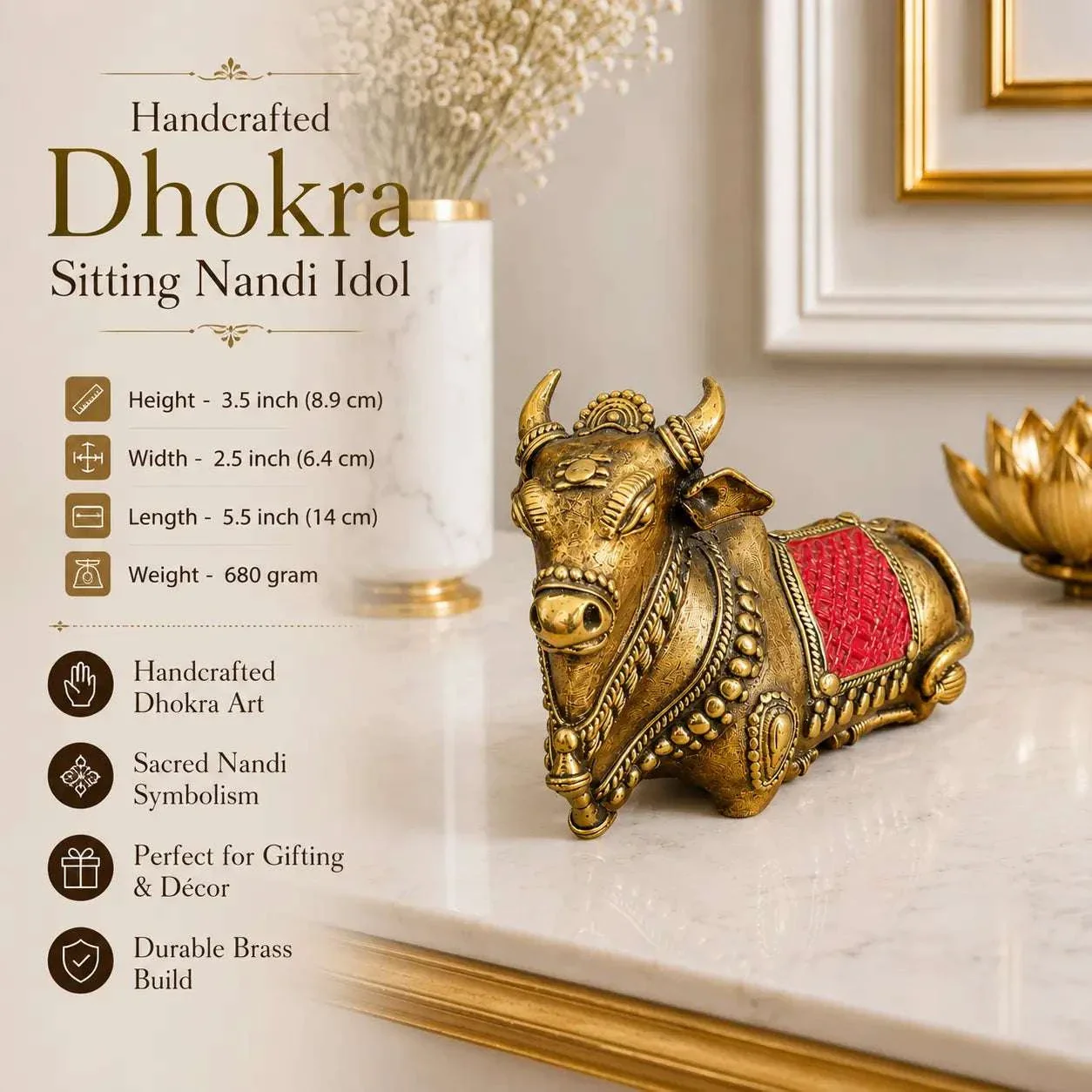 Brass Handcrafted Dhokra Sitting Nandi Idol (3.5 Inch) - Image 7