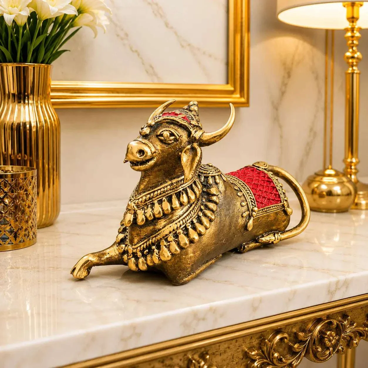 Brass Handcrafted Dhokra Sitting Nandi Idol (4.5 Inch) - Image 2