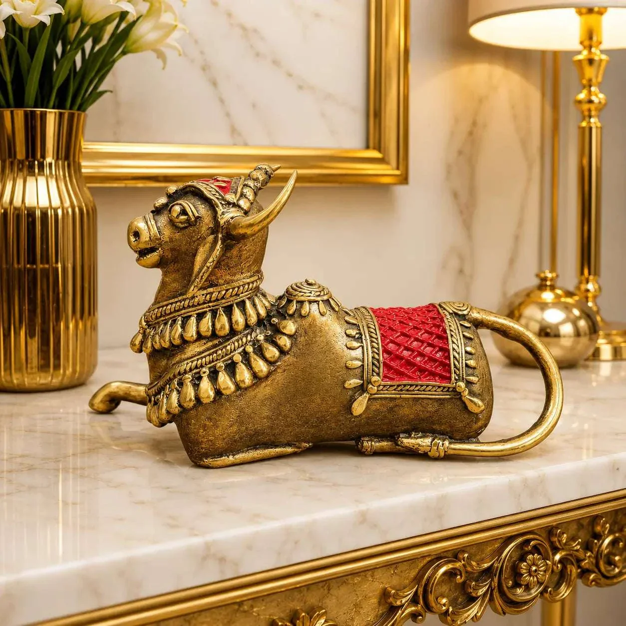 Brass Handcrafted Dhokra Sitting Nandi Idol (4.5 Inch) - Image 3