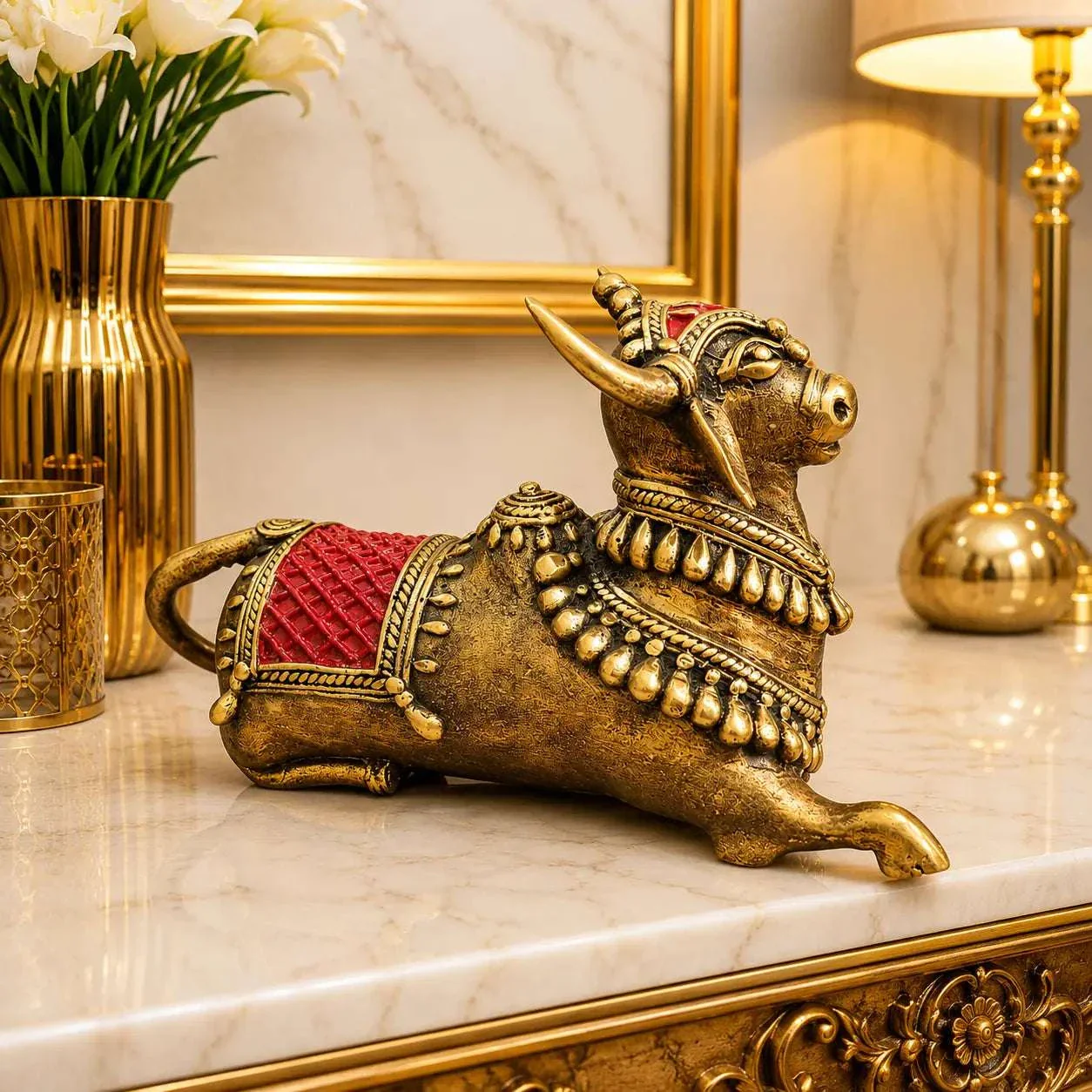 Brass Handcrafted Dhokra Sitting Nandi Idol (4.5 Inch) - Image 5