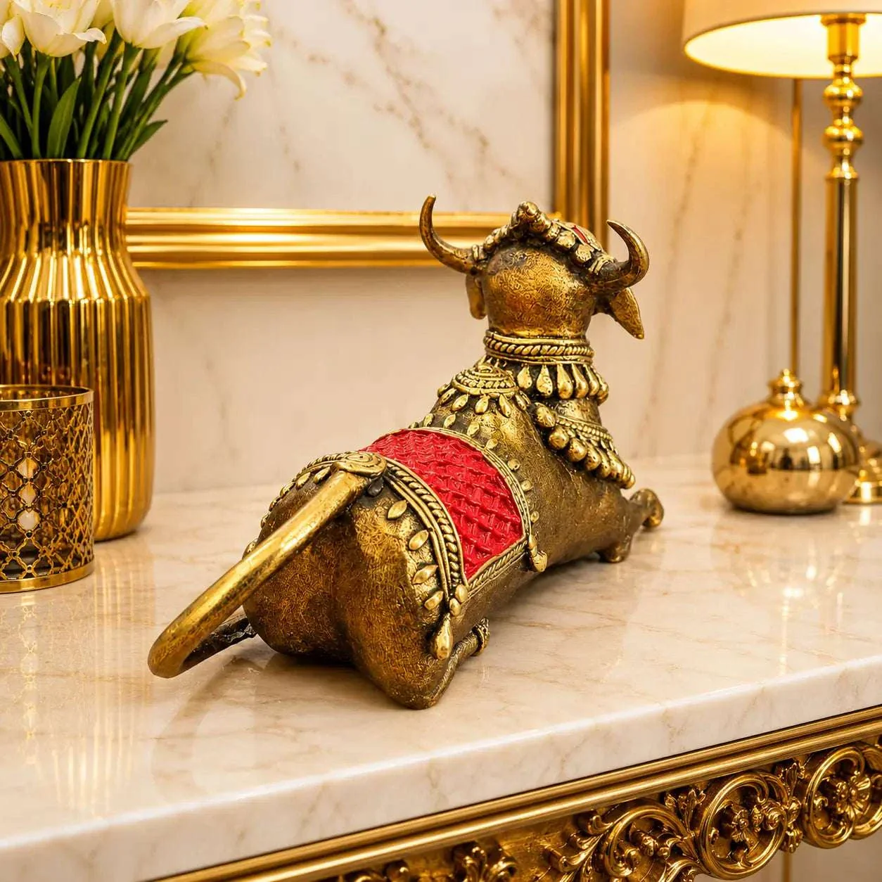 Brass Handcrafted Dhokra Sitting Nandi Idol (4.5 Inch) - Image 6