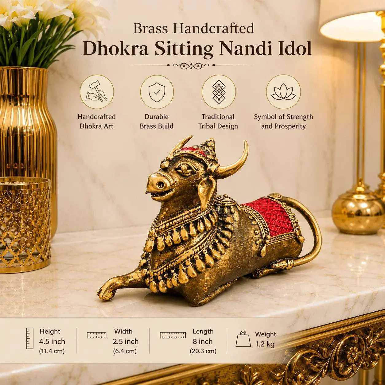 Brass Handcrafted Dhokra Sitting Nandi Idol (4.5 Inch) - Image 7