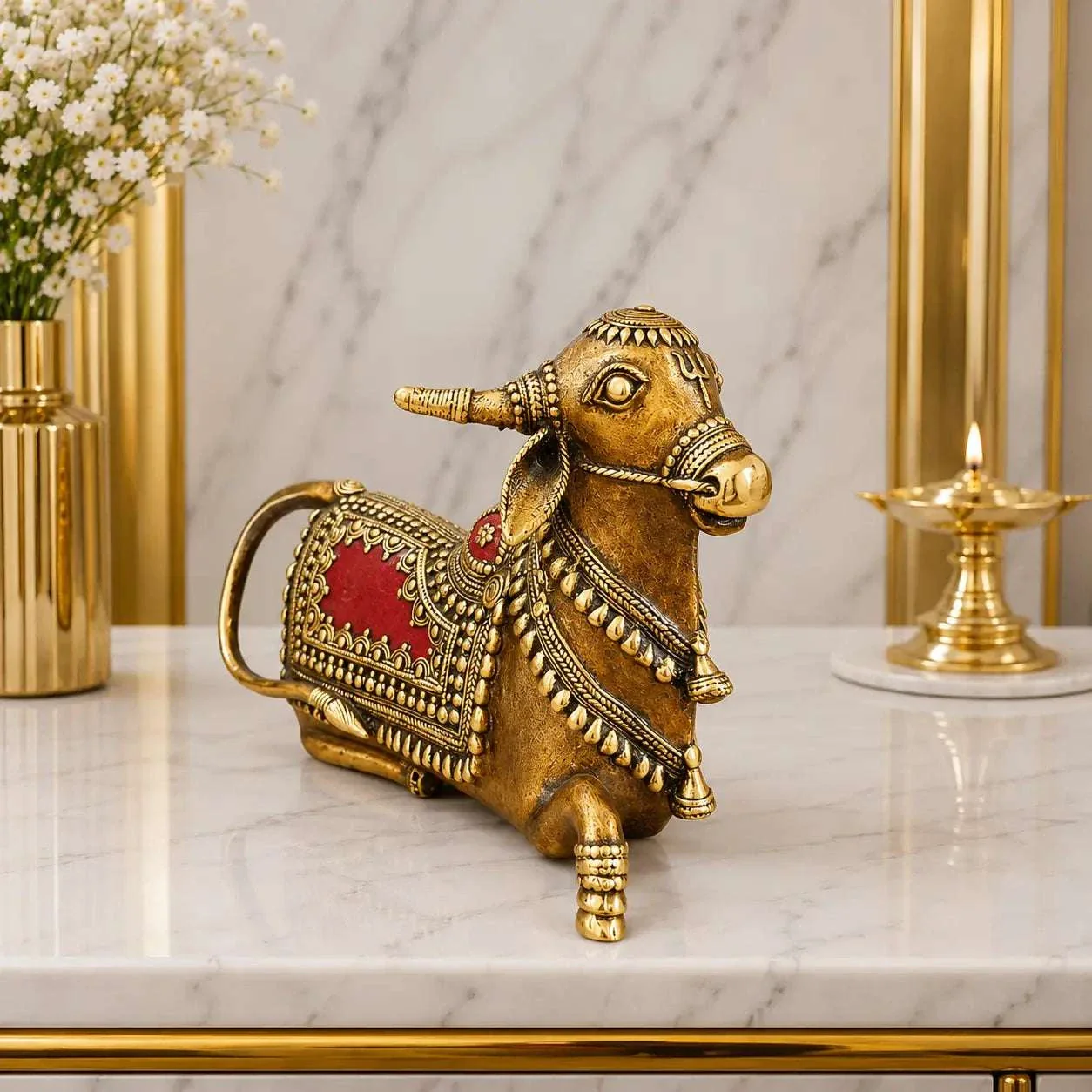 Brass Handcrafted Dhokra Sitting Nandi Idol (5.2 Inch) - Image 2