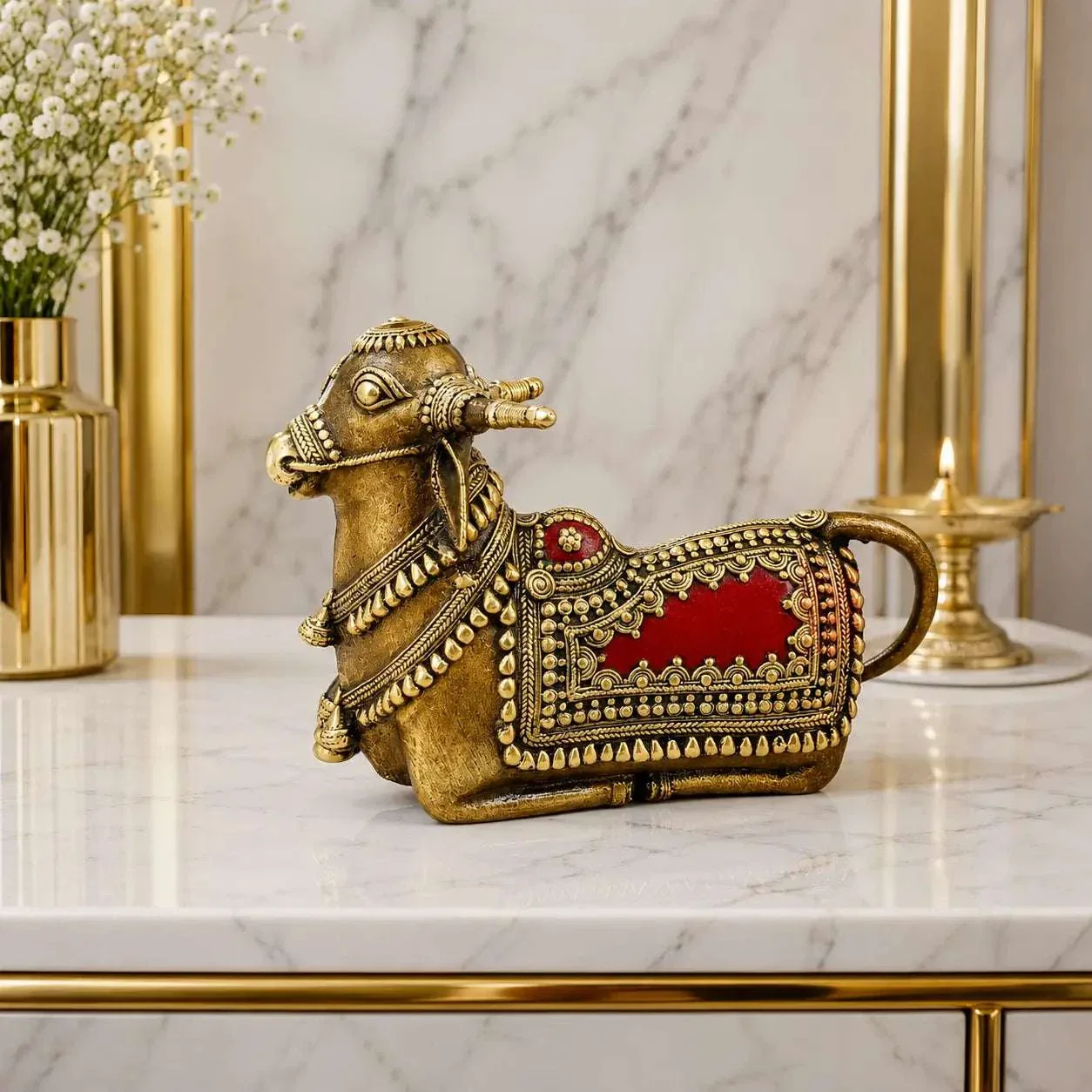 Brass Handcrafted Dhokra Sitting Nandi Idol (5.2 Inch) - Image 3