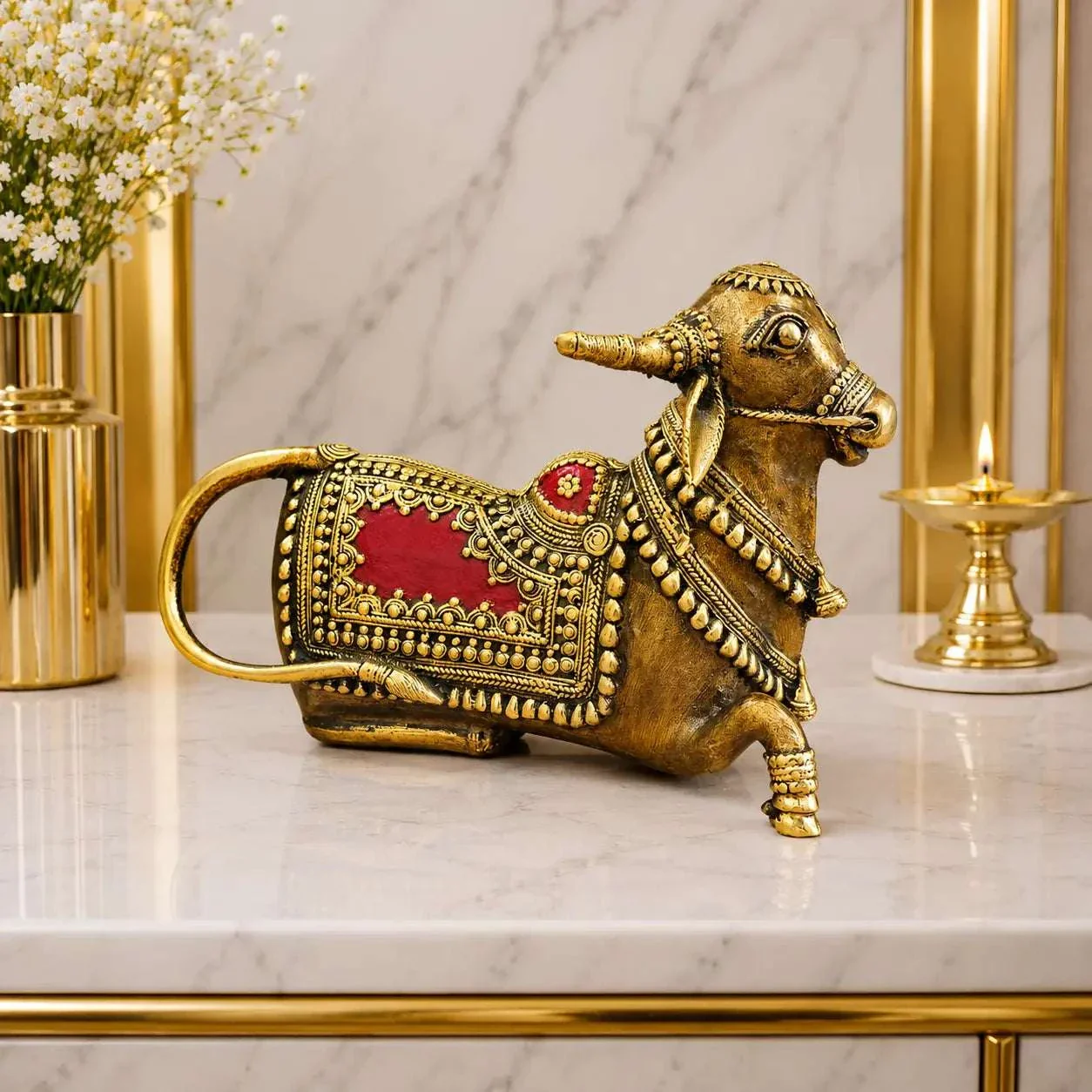 Brass Handcrafted Dhokra Sitting Nandi Idol (5.2 Inch) - Image 4