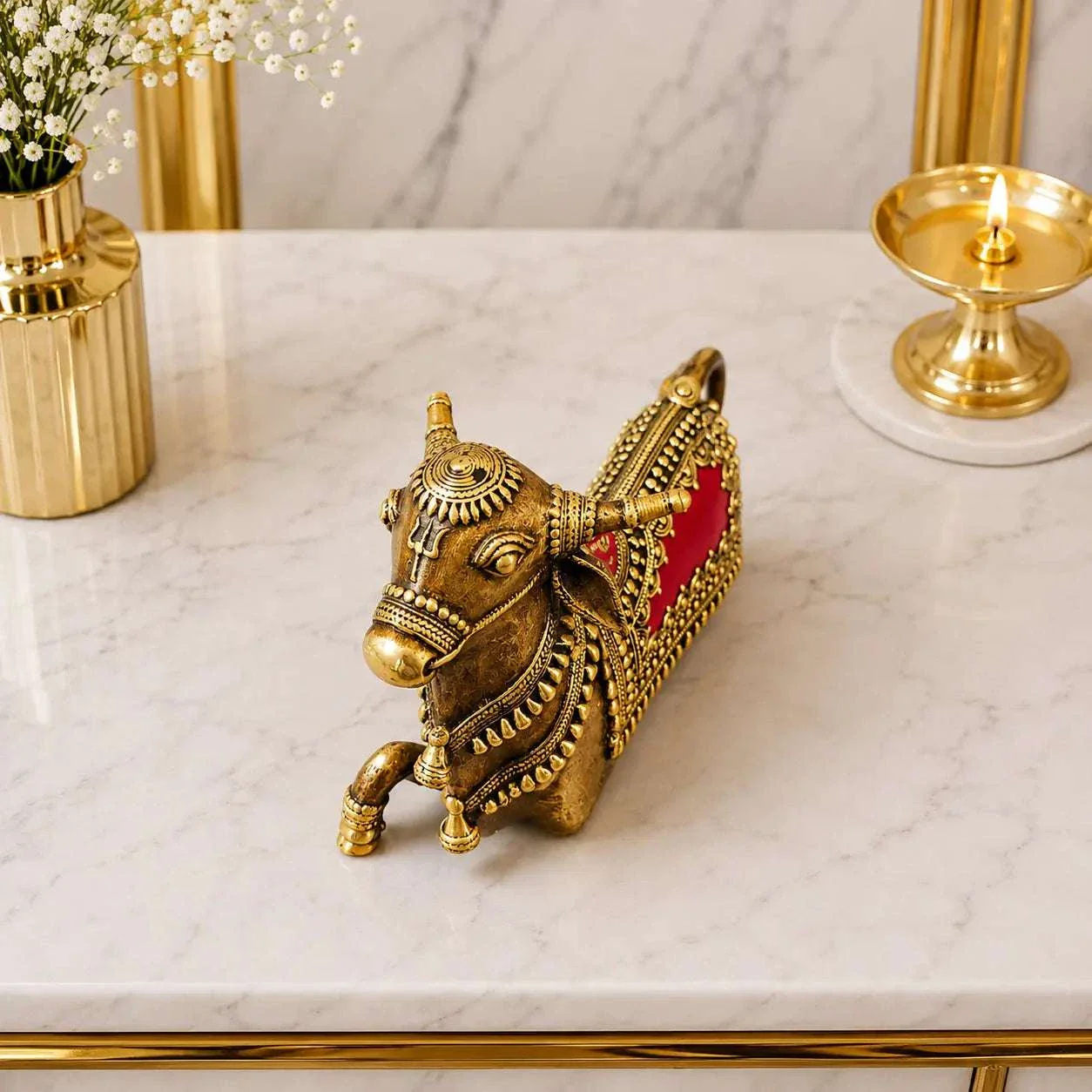 Brass Handcrafted Dhokra Sitting Nandi Idol (5.2 Inch) - Image 6