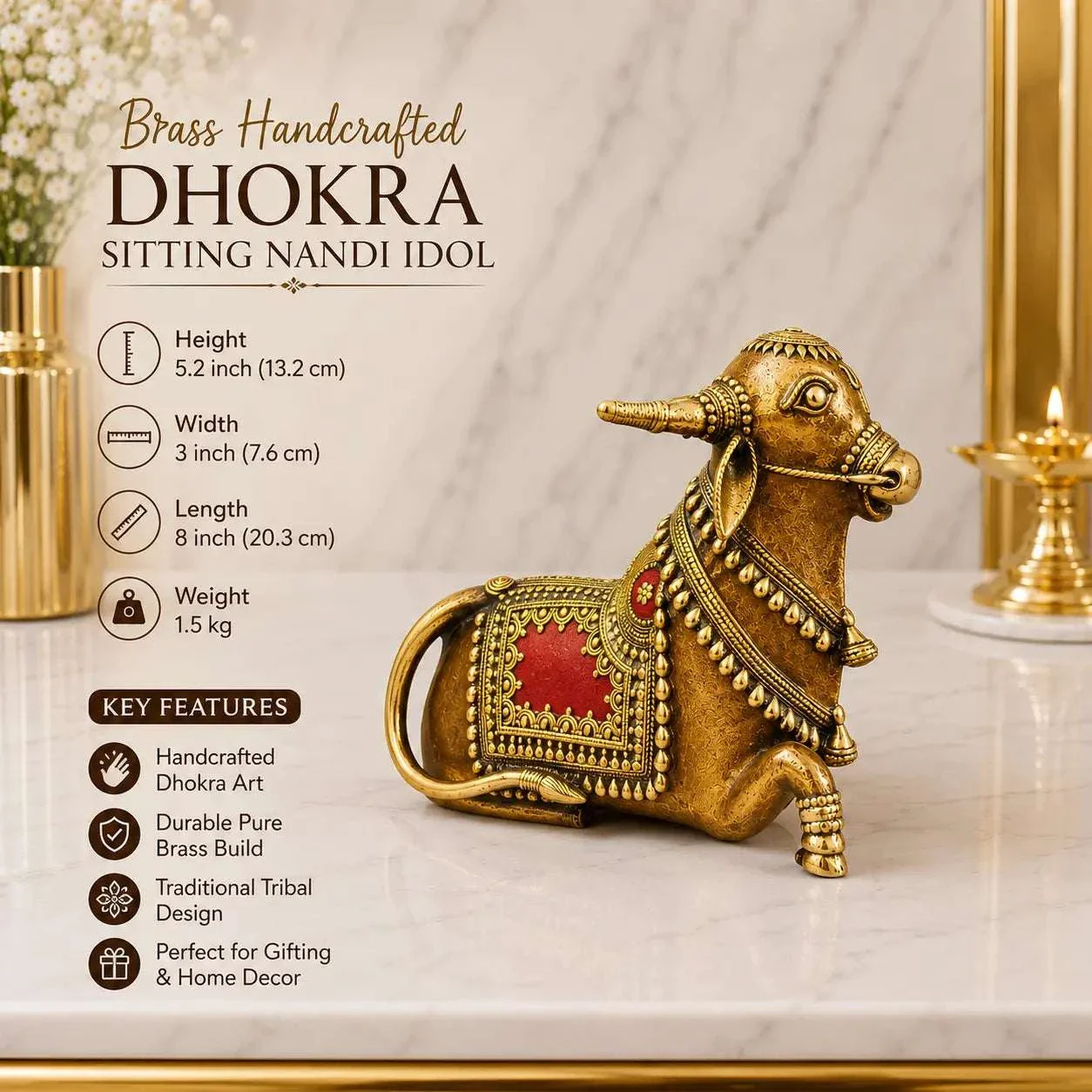 Brass Handcrafted Dhokra Sitting Nandi Idol (5.2 Inch) - Image 7