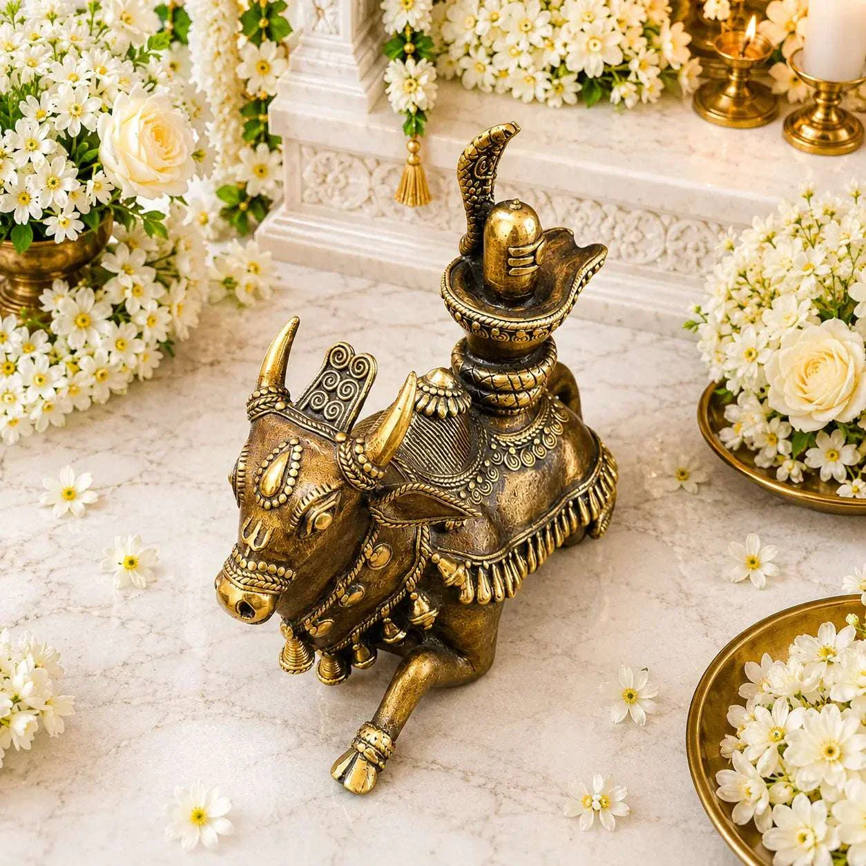 Brass Handcrafted Dhokra Sitting Nandi Idol on Shivling (7 Inch) - Image 5