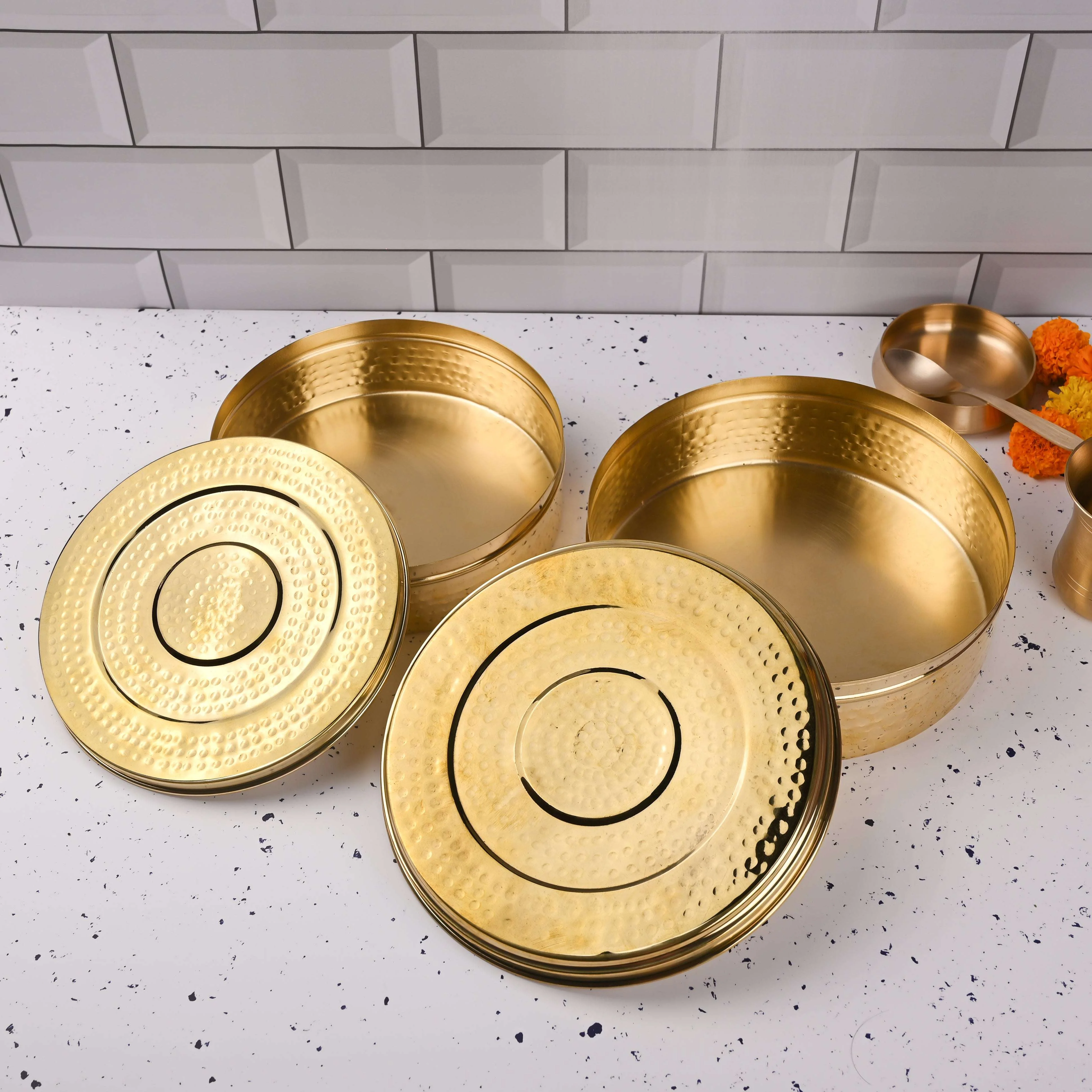 Brass Handcrafted Hammered Chapati/Roti Box Pack of Three (9.4 Inch) - Image 4