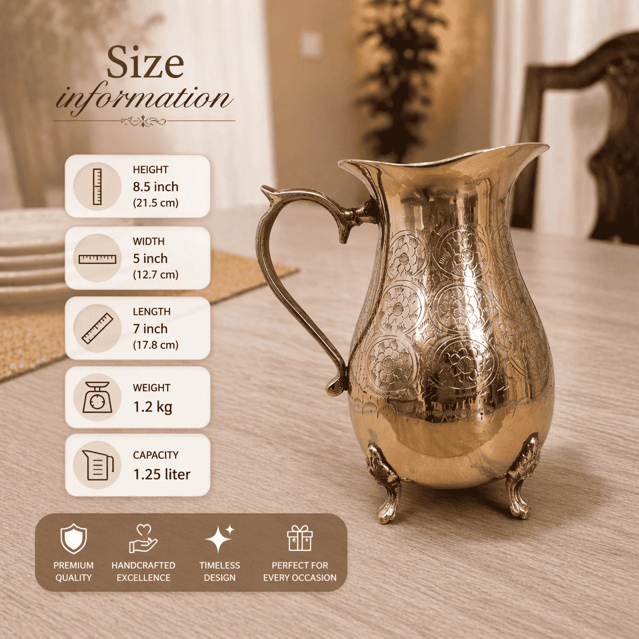 Brass Handcrafted Water Jug With Legs (8.5 Inch) - Image 6