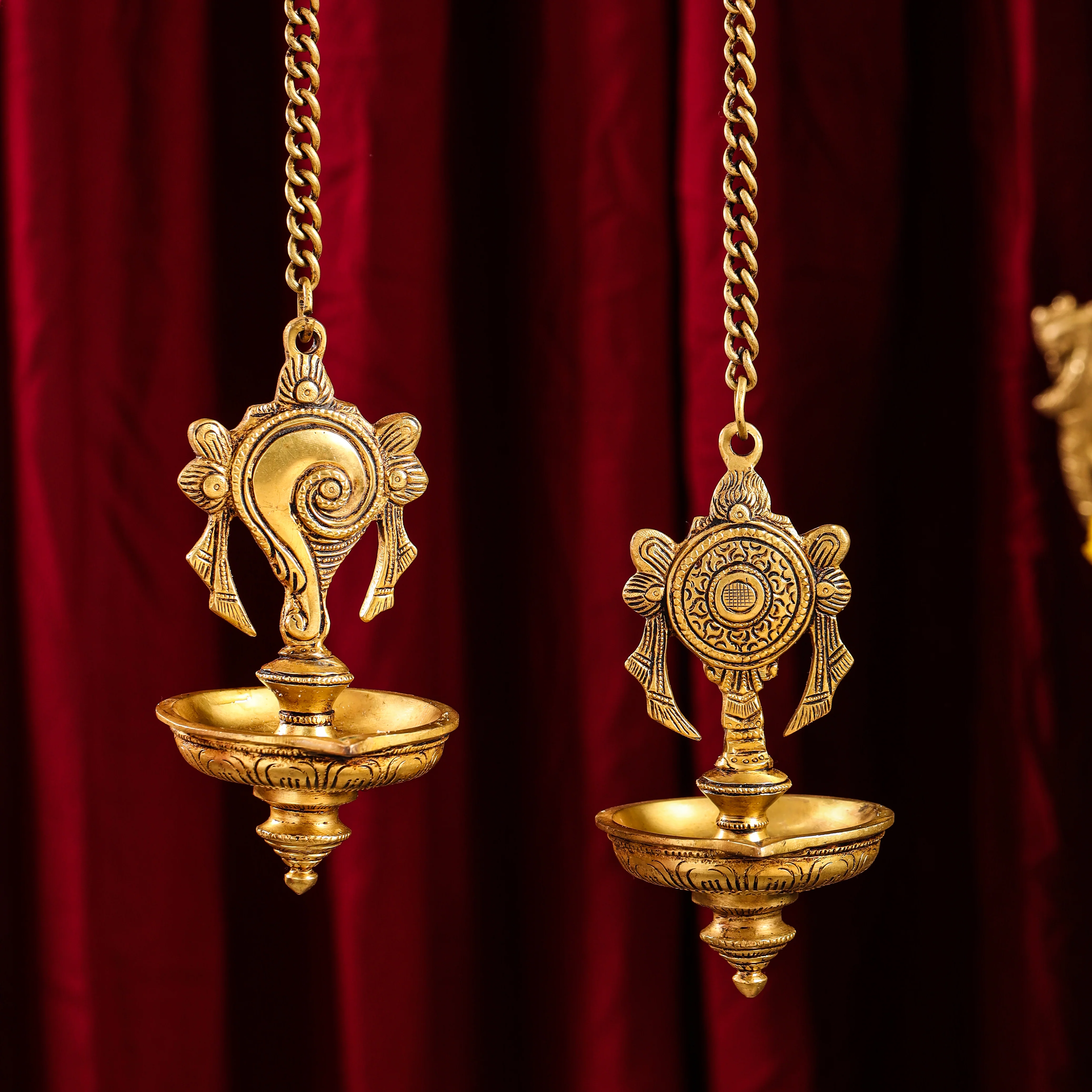Brass Hanging Shankh And Chakra Diya Set (23 Inch) - Image 3