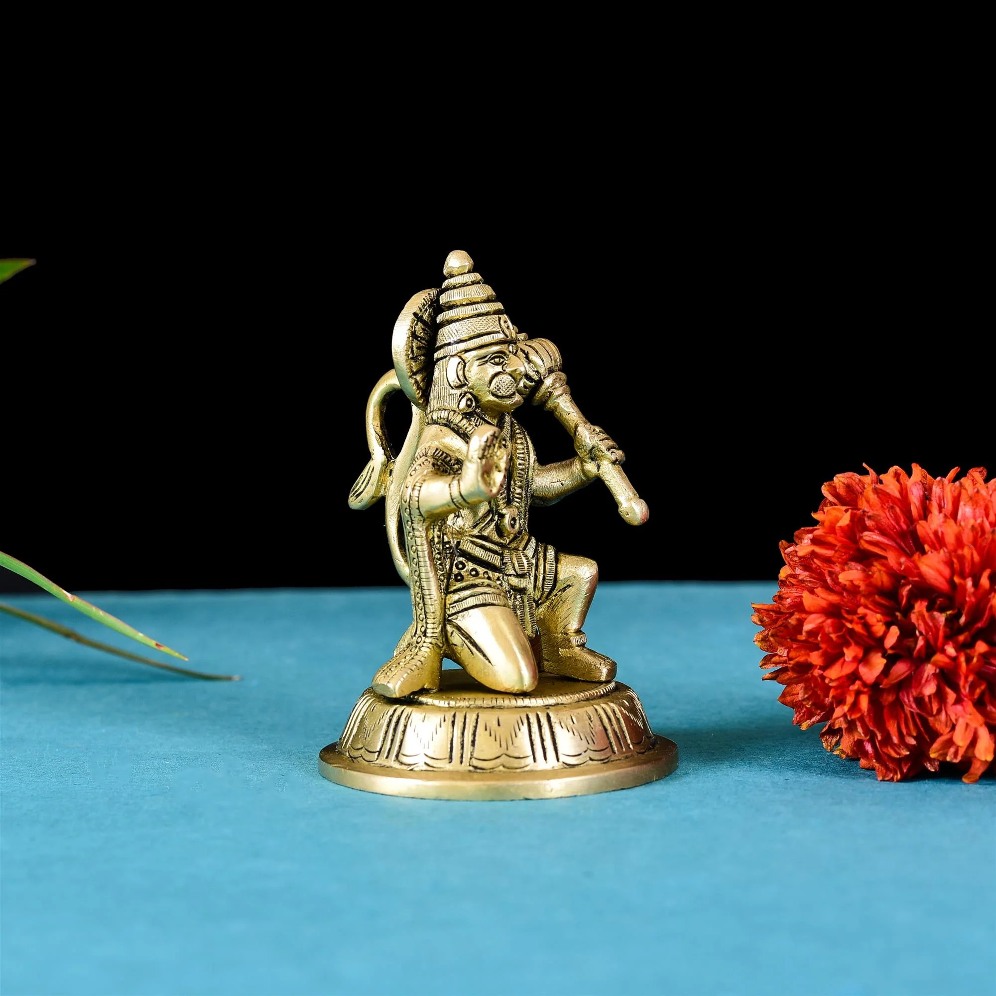 Brass Sitting Hanuman Idol With Round Base (4 Inch) - Image 3