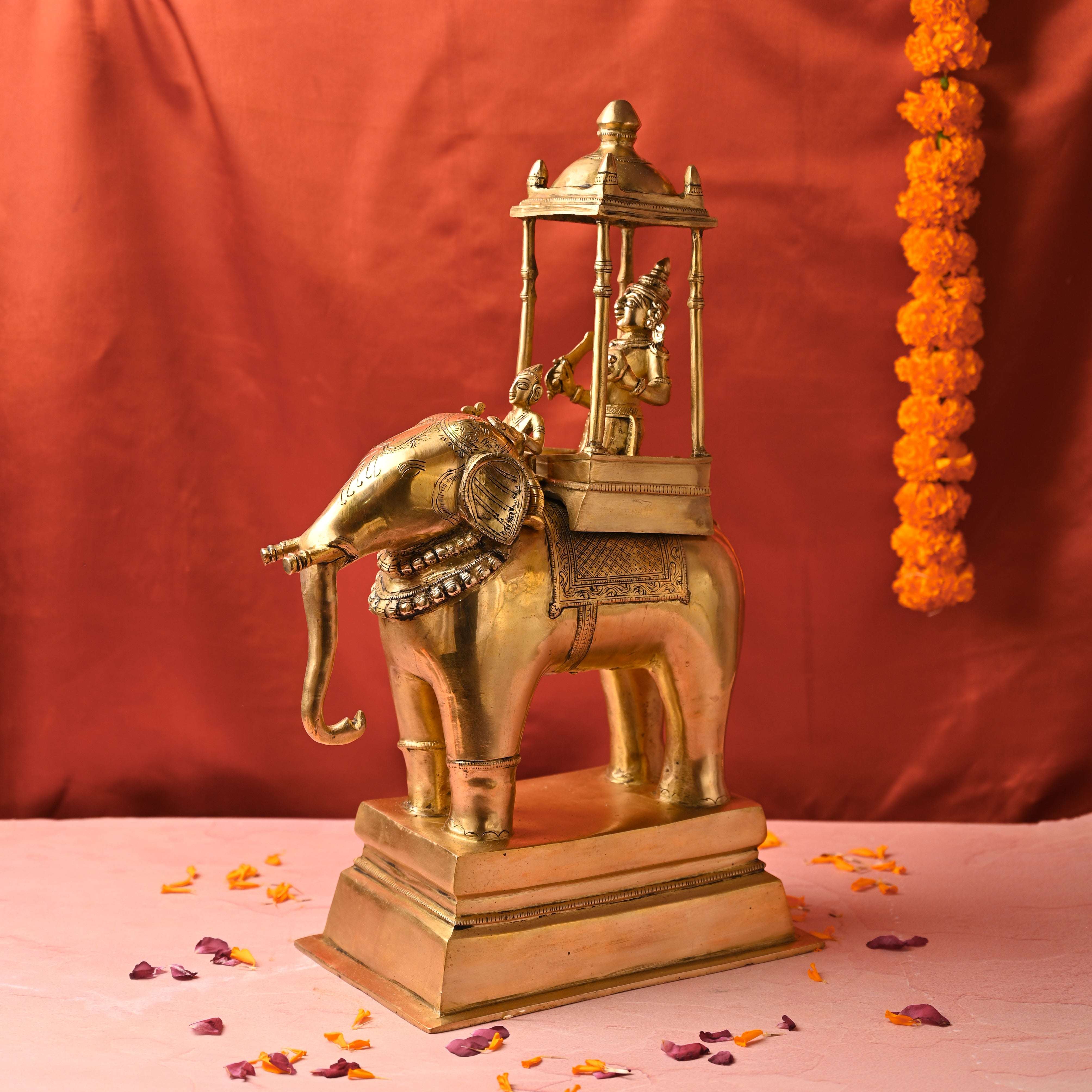 Brass Hindu Deity Seated on Elephant Statue (20.5 Inch) - Image 2