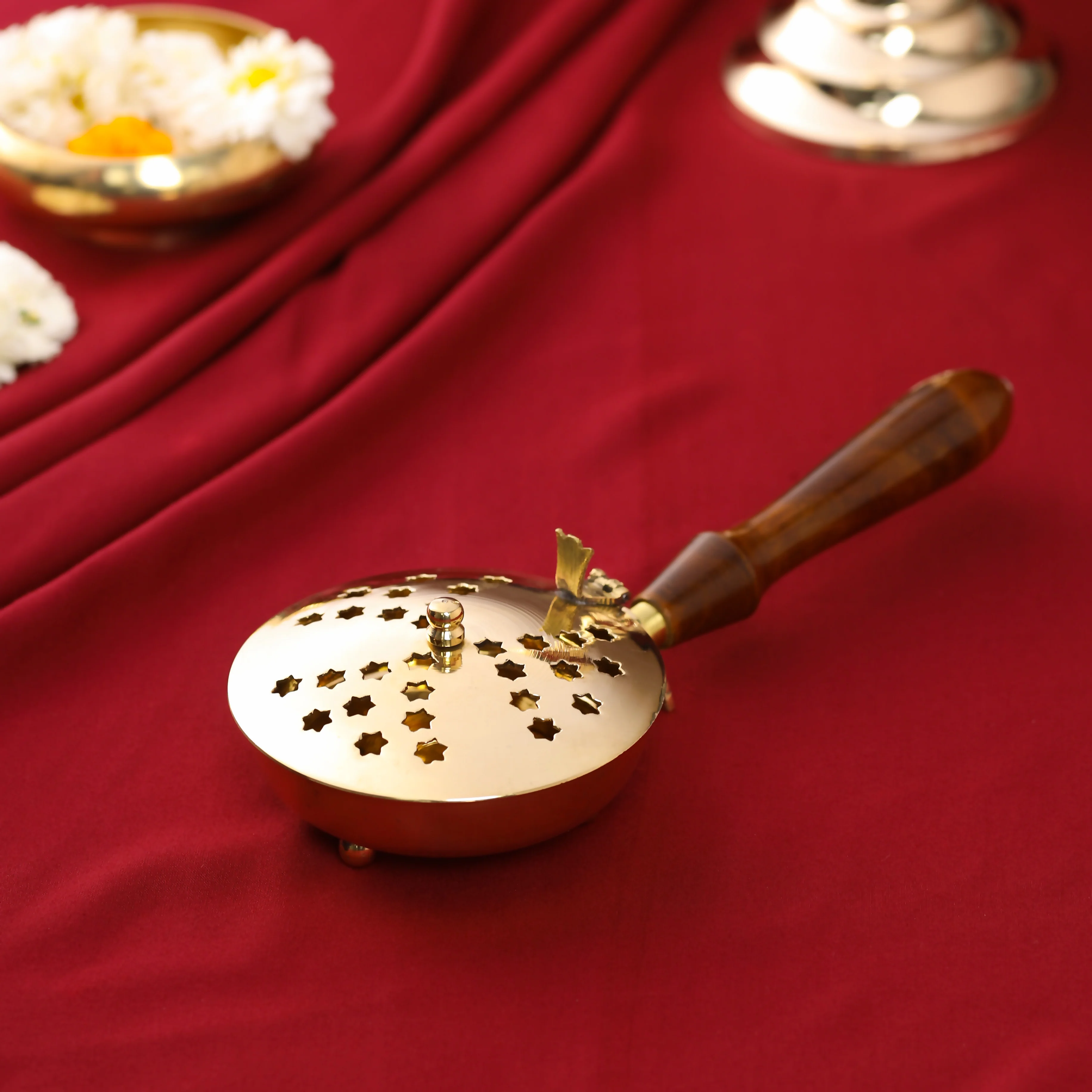Brass Incense Butler With Wooden Handle (2.5 Inch)