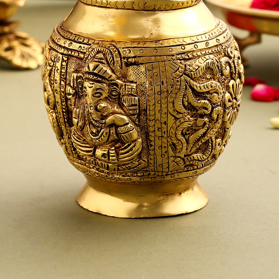 Brass Kalash With Ganesh And Lakshmi Carving (7 Inch) - Image 3