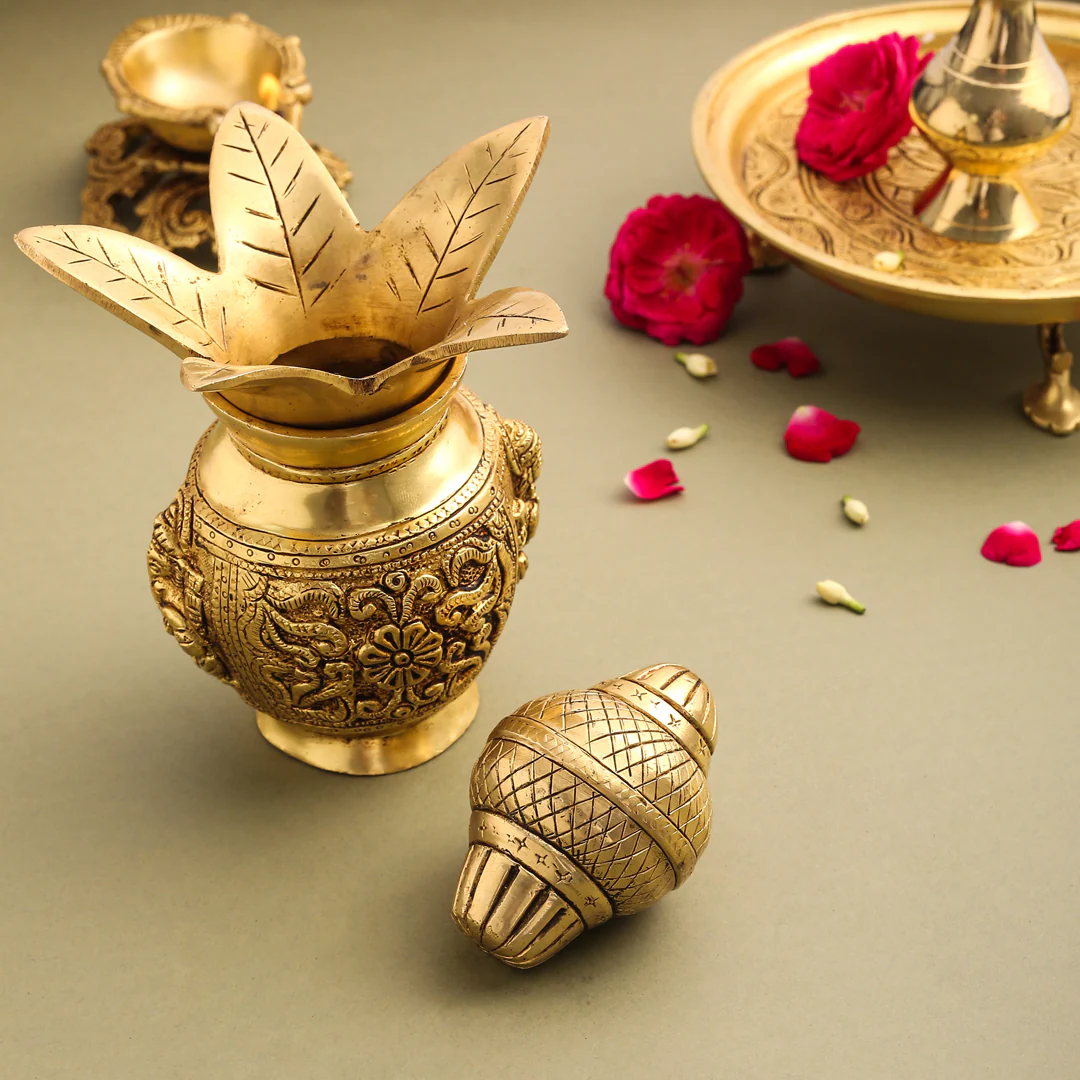 Brass Kalash With Ganesh And Lakshmi Carving (7 Inch) - Image 5
