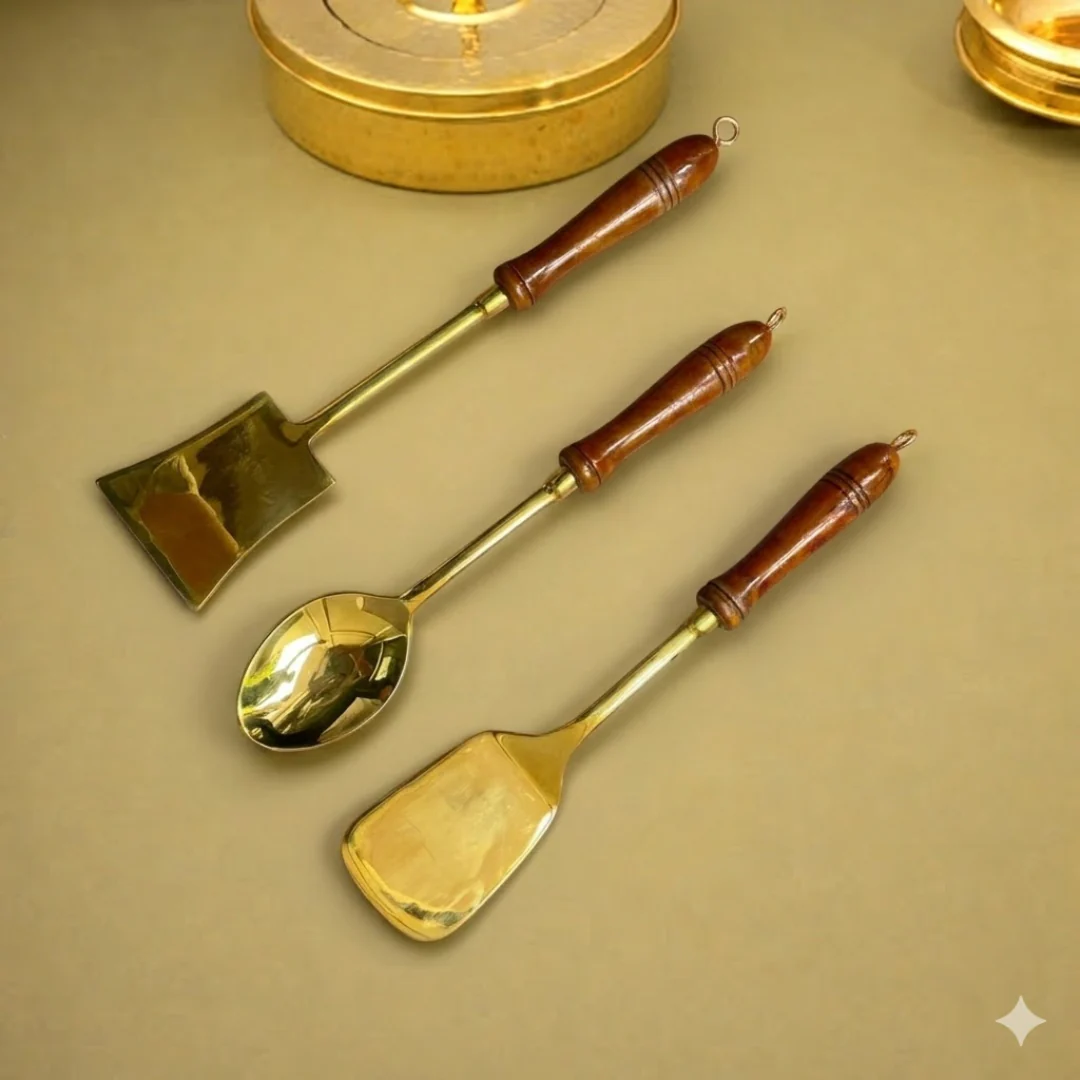 Brass Kitchen Ladles With Wooden Handle Set (14.5 Inch) - Image 3
