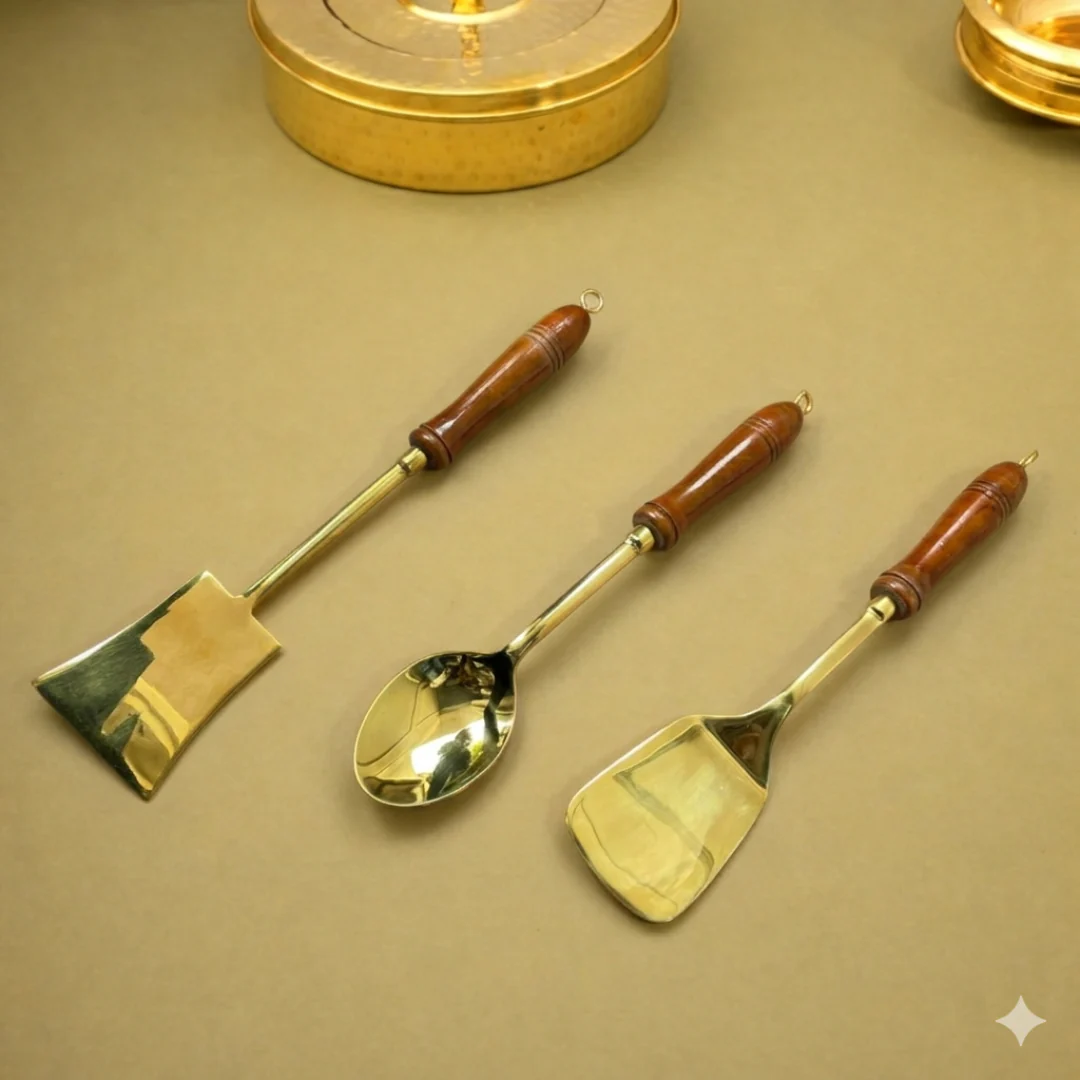 Brass Kitchen Ladles With Wooden Handle Set (14.5 Inch) - Image 5