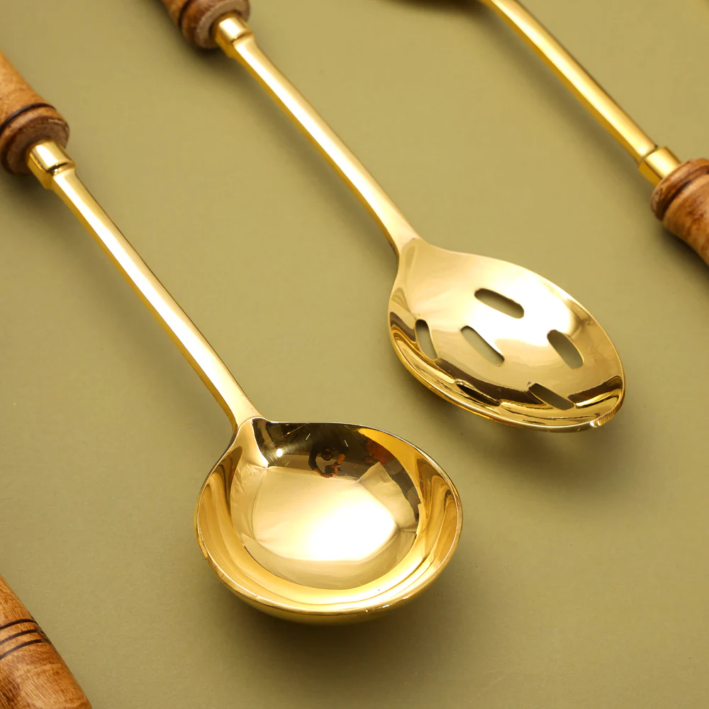 Brass Kitchen Ladles With Wooden Handle Set (14.5 Inch) - Image 6