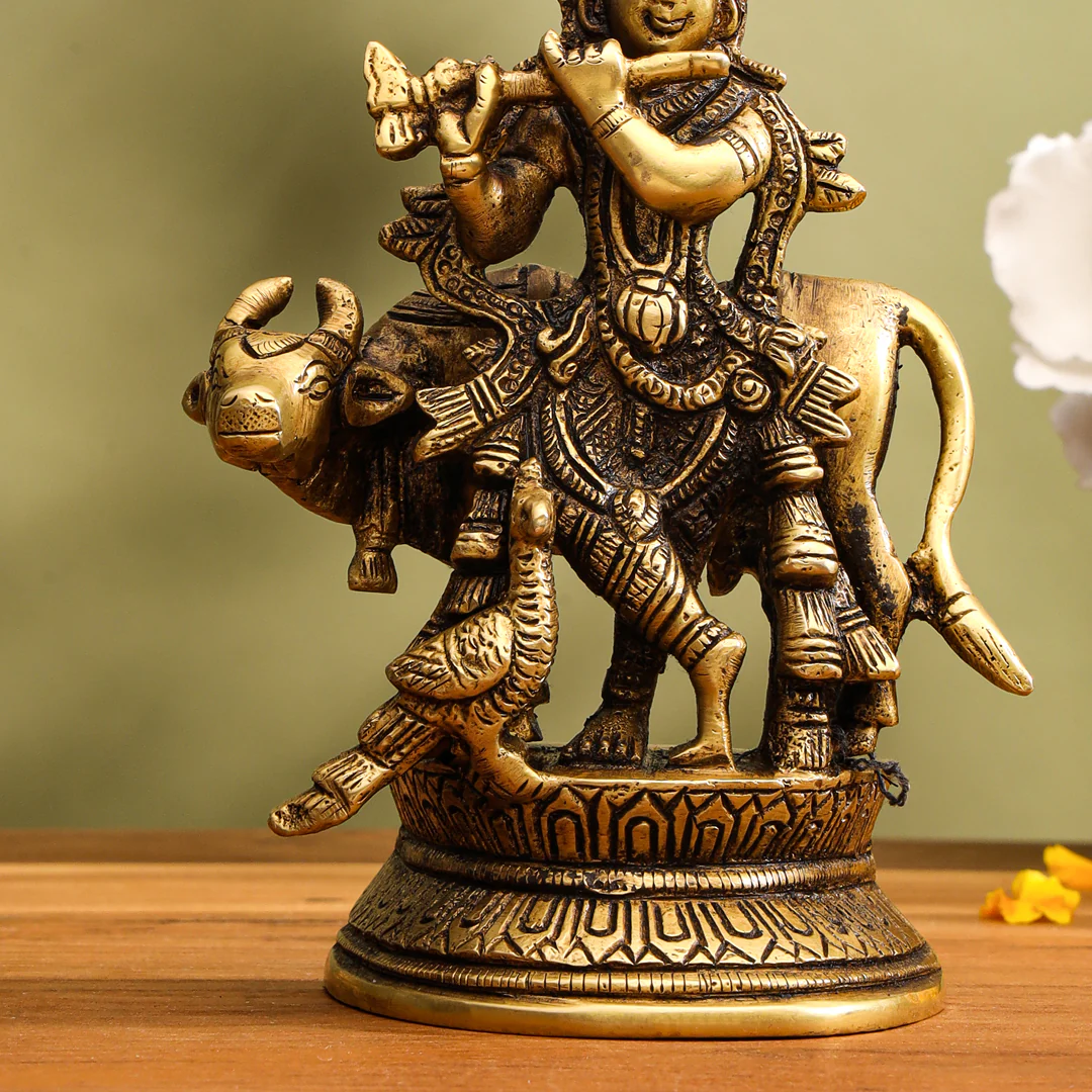 Brass Standing Krishna With Cow Idol (5.5 Inch) - Image 2