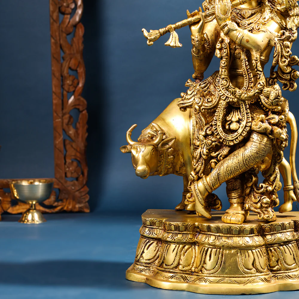 Brass Standing Krishna Idol With Cow (23 Inch) - Image 3
