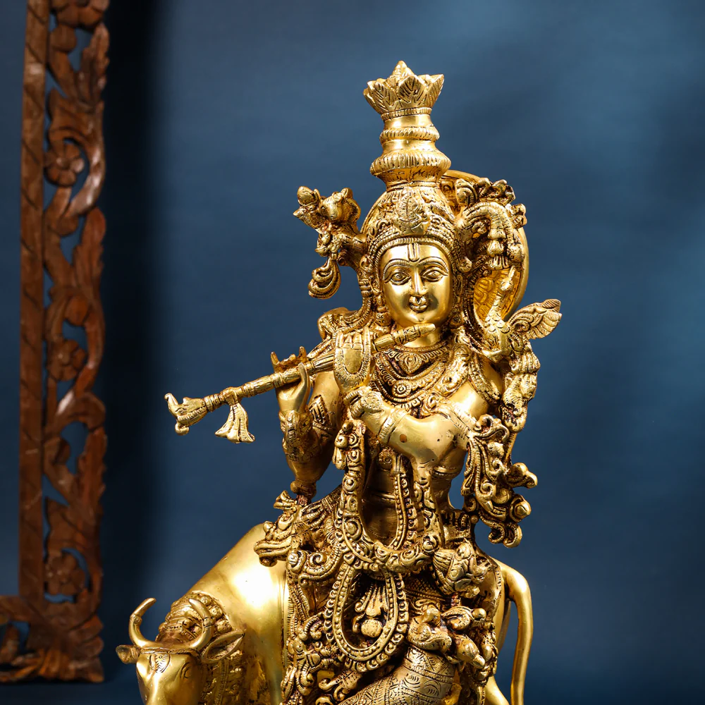 Brass Standing Krishna Idol With Cow (23 Inch) - Image 4