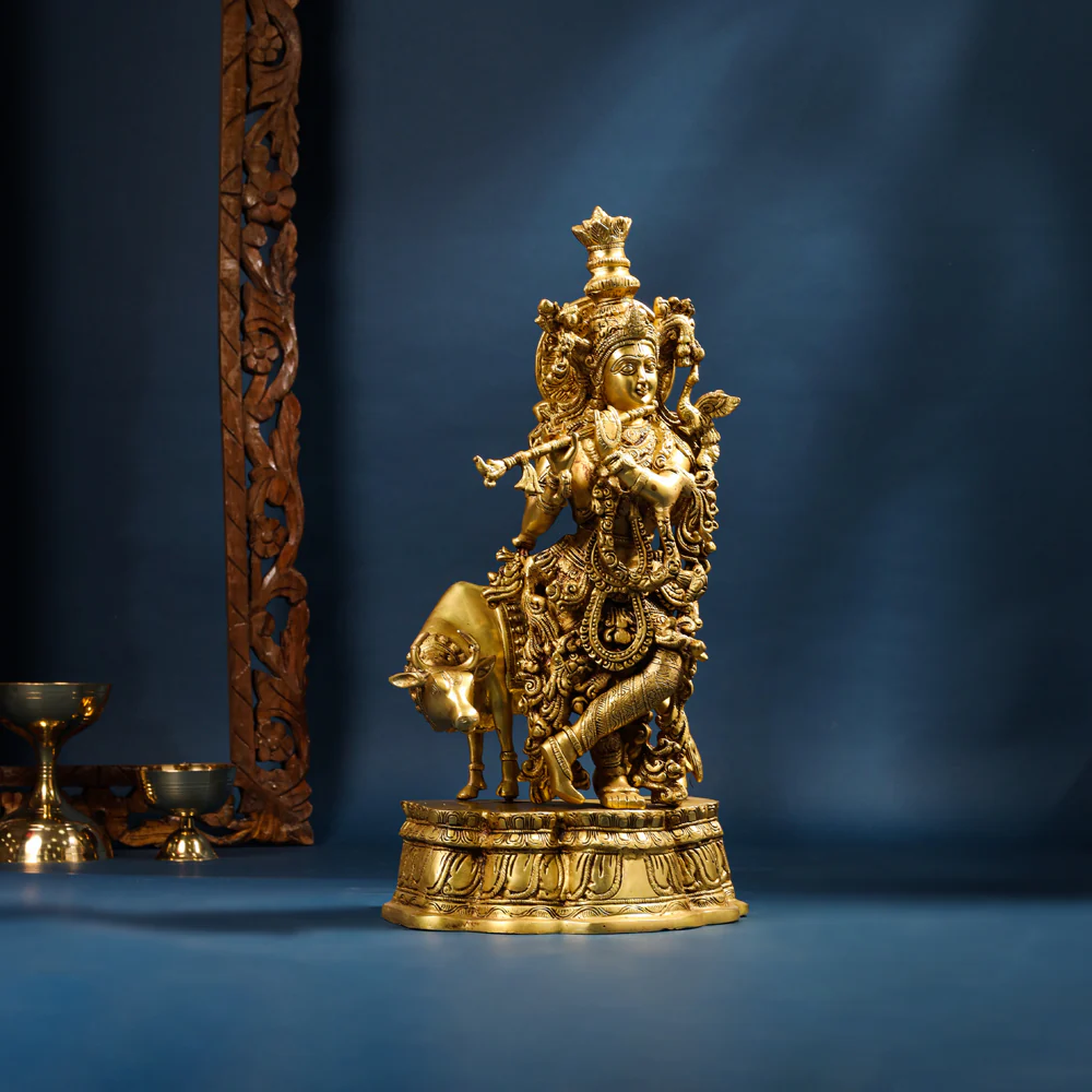 Brass Standing Krishna Idol With Cow (23 Inch) - Image 5