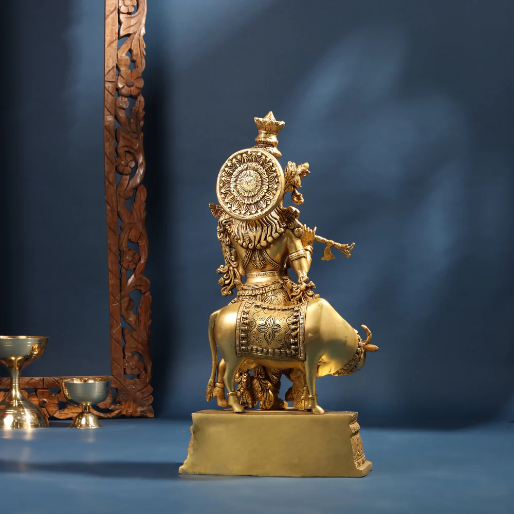Brass Standing Krishna Idol With Cow (23 Inch) - Image 6