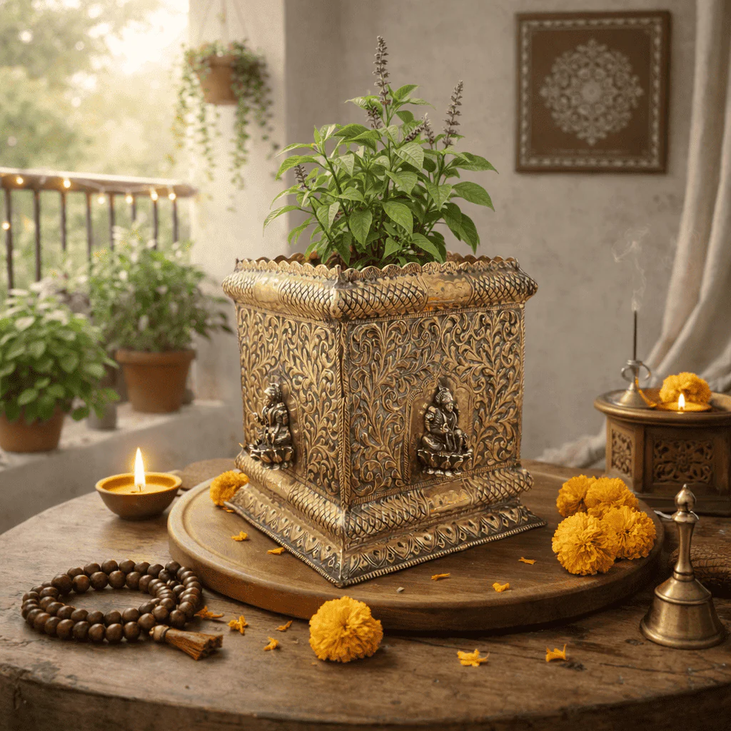 Brass Lakshmi Design Tulsi Planter / Pot