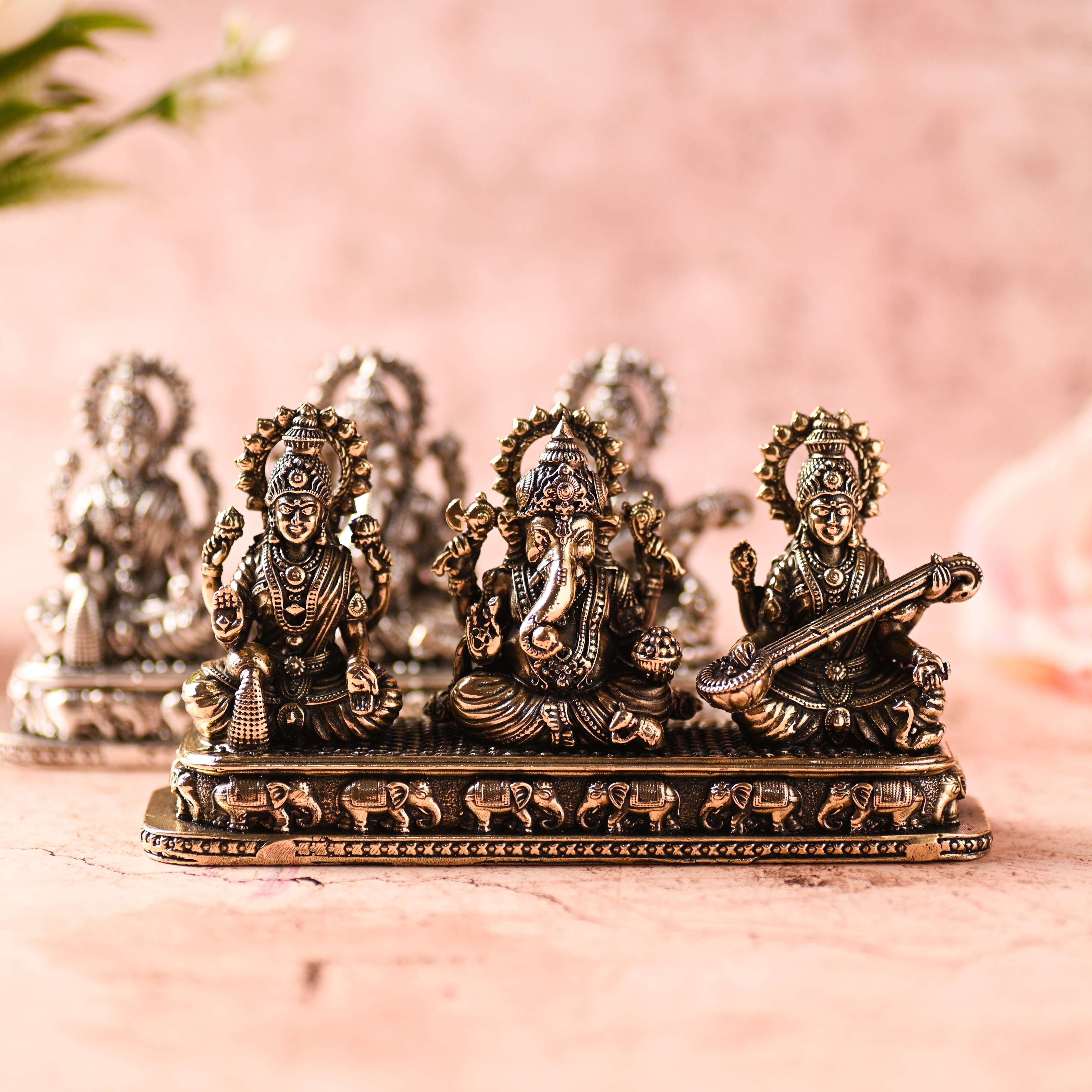 Brass Ganesha, Lakshmi & Saraswati Sitting Lightweight Idols (3 Inch)