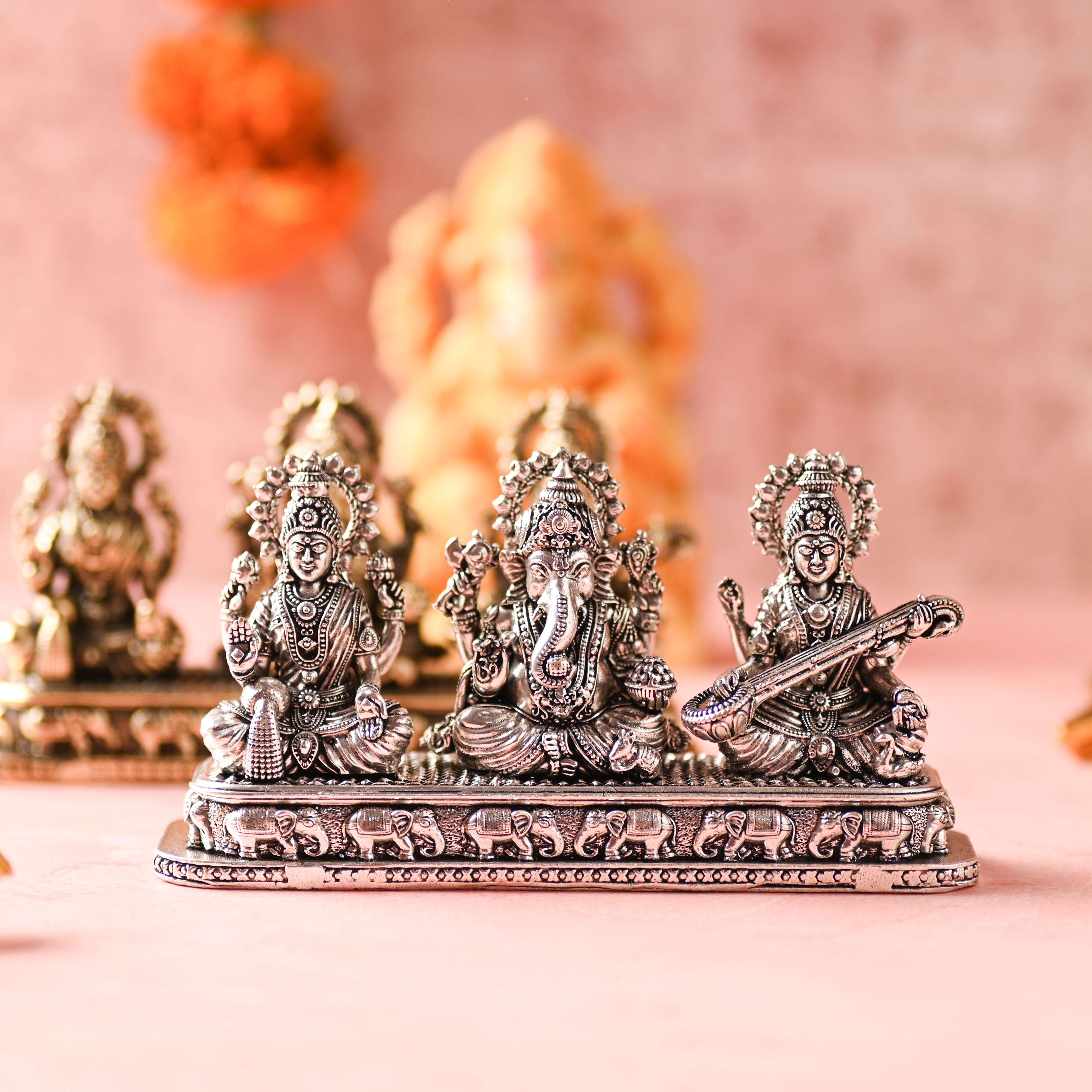 Brass Ganesha, Lakshmi & Saraswati Sitting Lightweight Idols (3 Inch) - Image 5