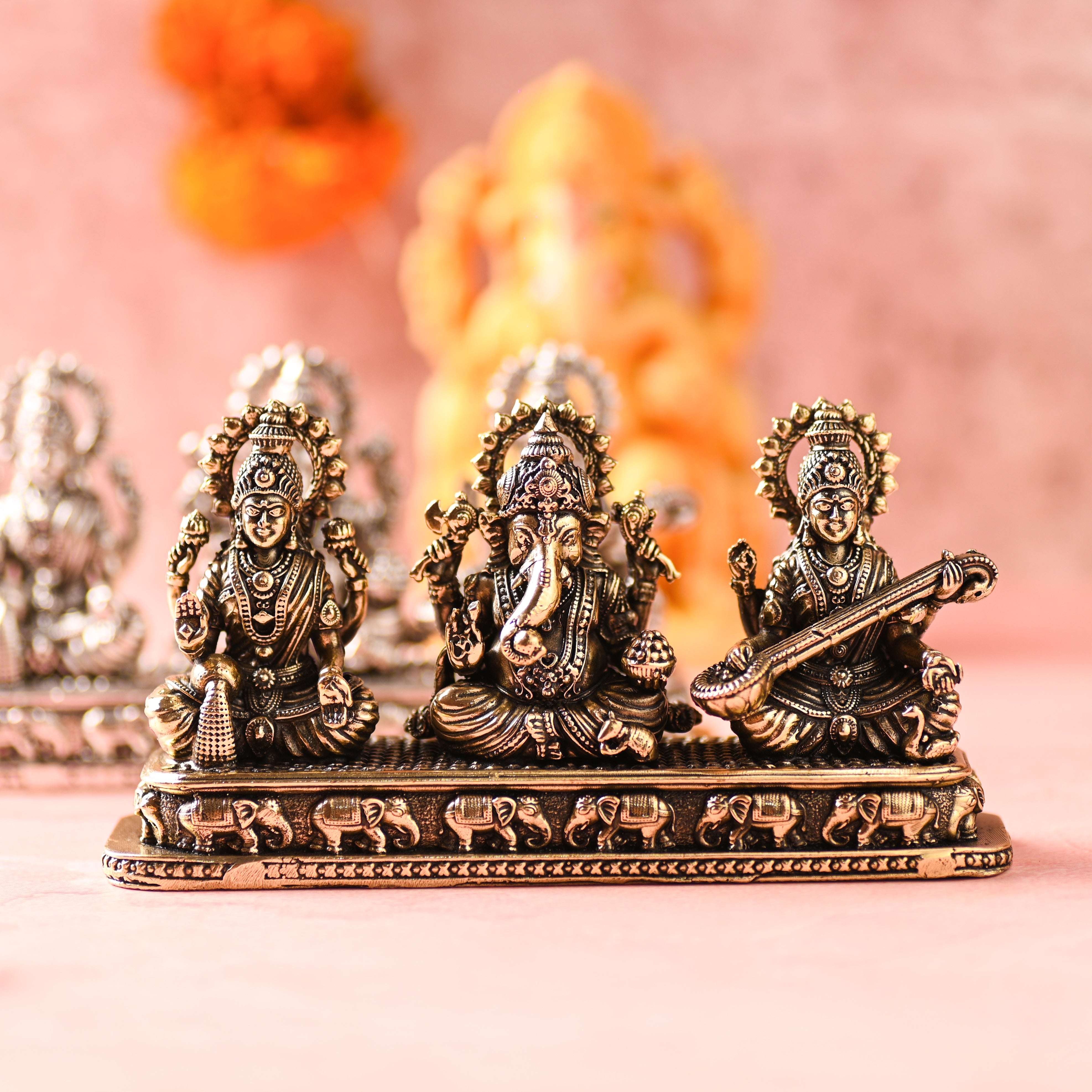 Brass Ganesha, Lakshmi & Saraswati Sitting Lightweight Idols (3 Inch) - Image 8