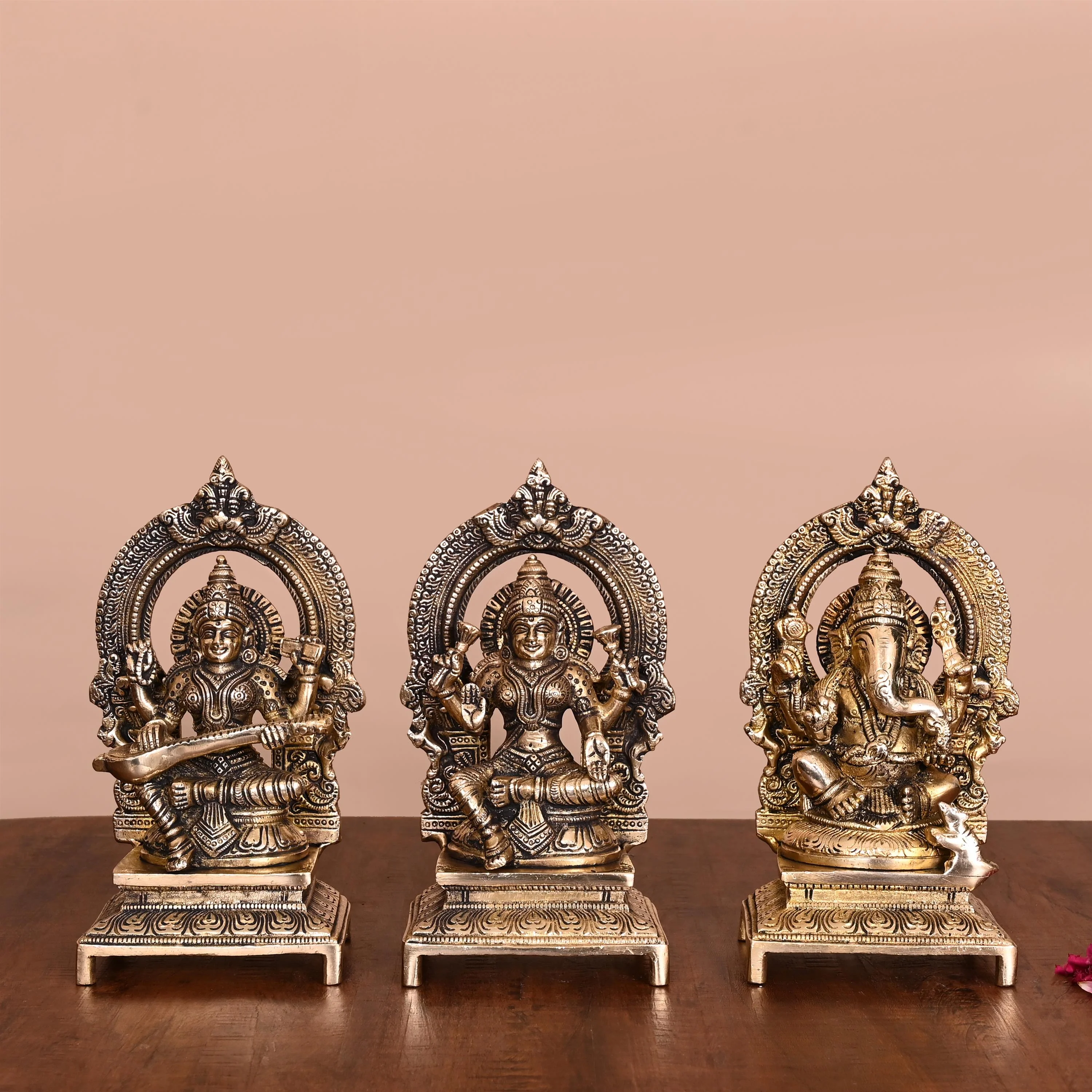 Brass Sitting Lakshmi, Ganesha, And Saraswati On Throne Set (7.5 Inch)