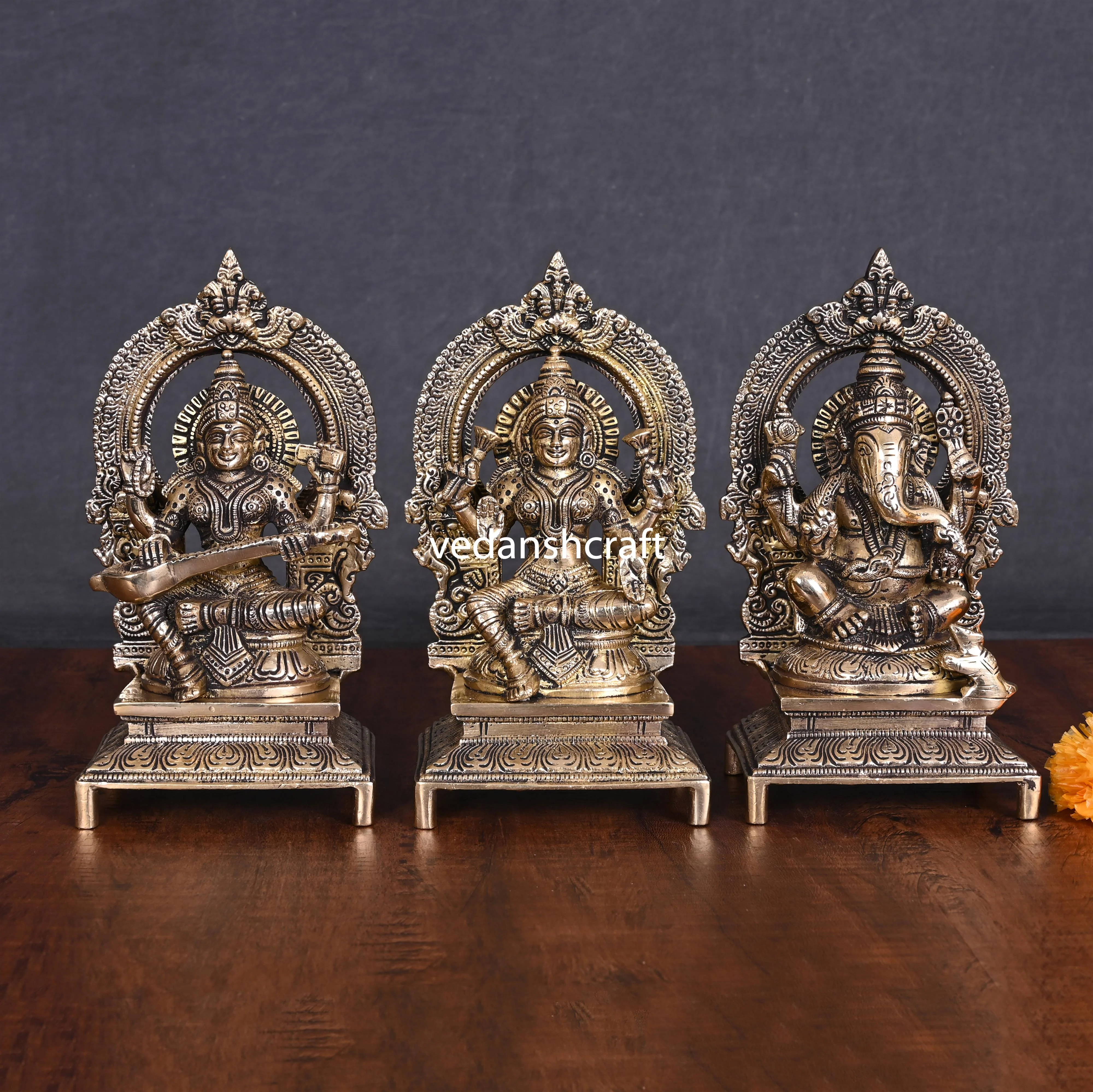 Brass Sitting Lakshmi, Ganesha, And Saraswati On Throne Set (7.5 Inch) - Image 2