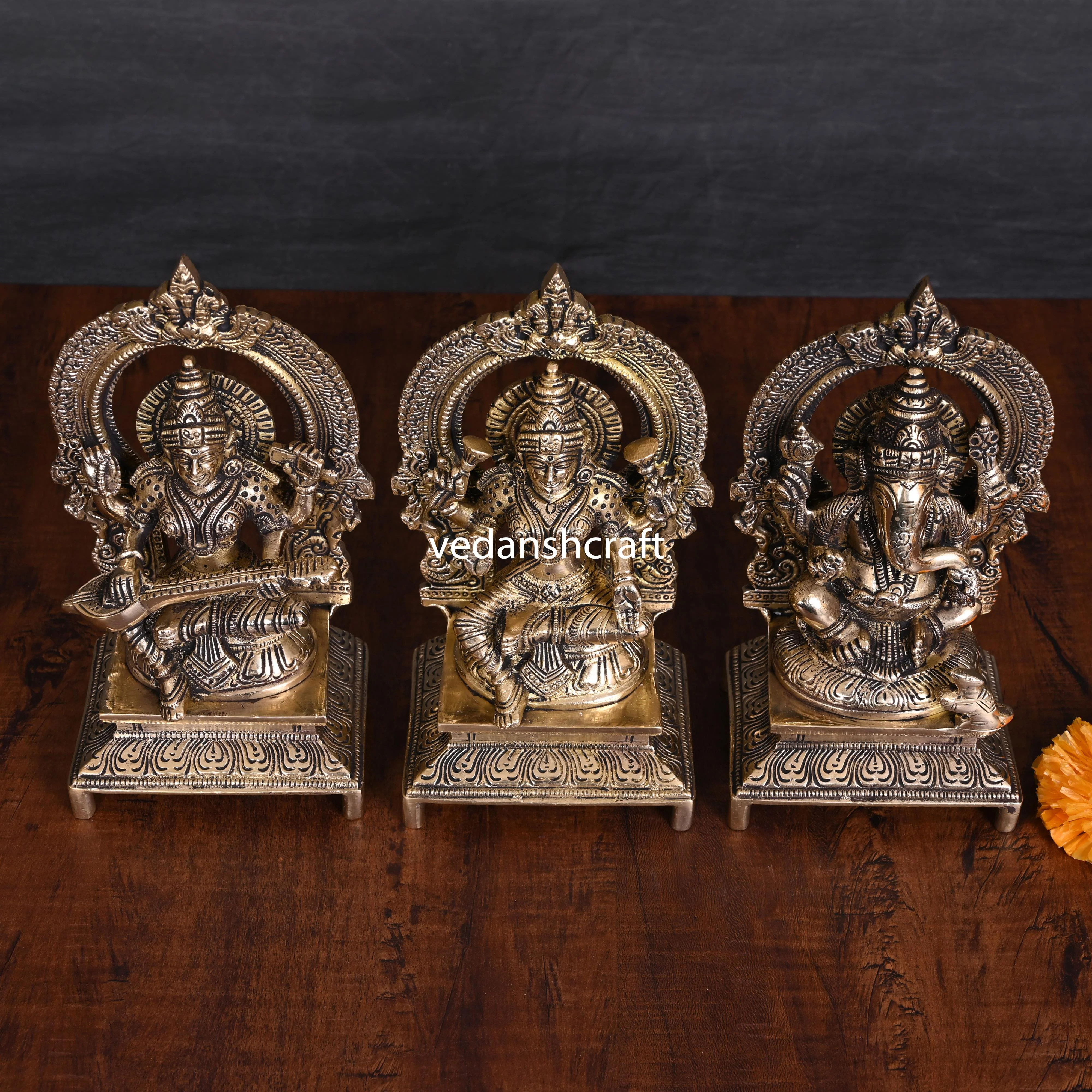 Brass Sitting Lakshmi, Ganesha, And Saraswati On Throne Set (7.5 Inch) - Image 3