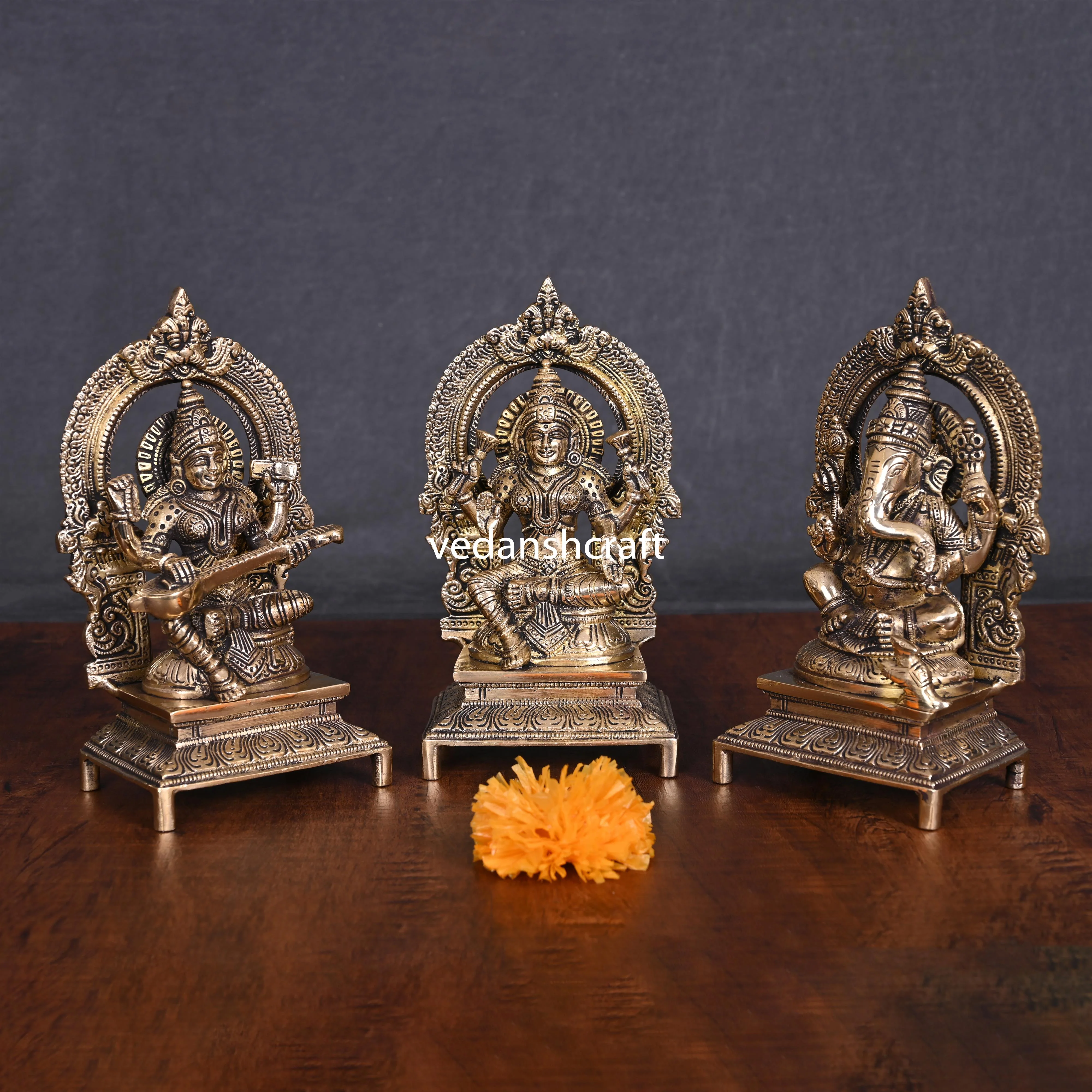 Brass Sitting Lakshmi, Ganesha, And Saraswati On Throne Set (7.5 Inch) - Image 4