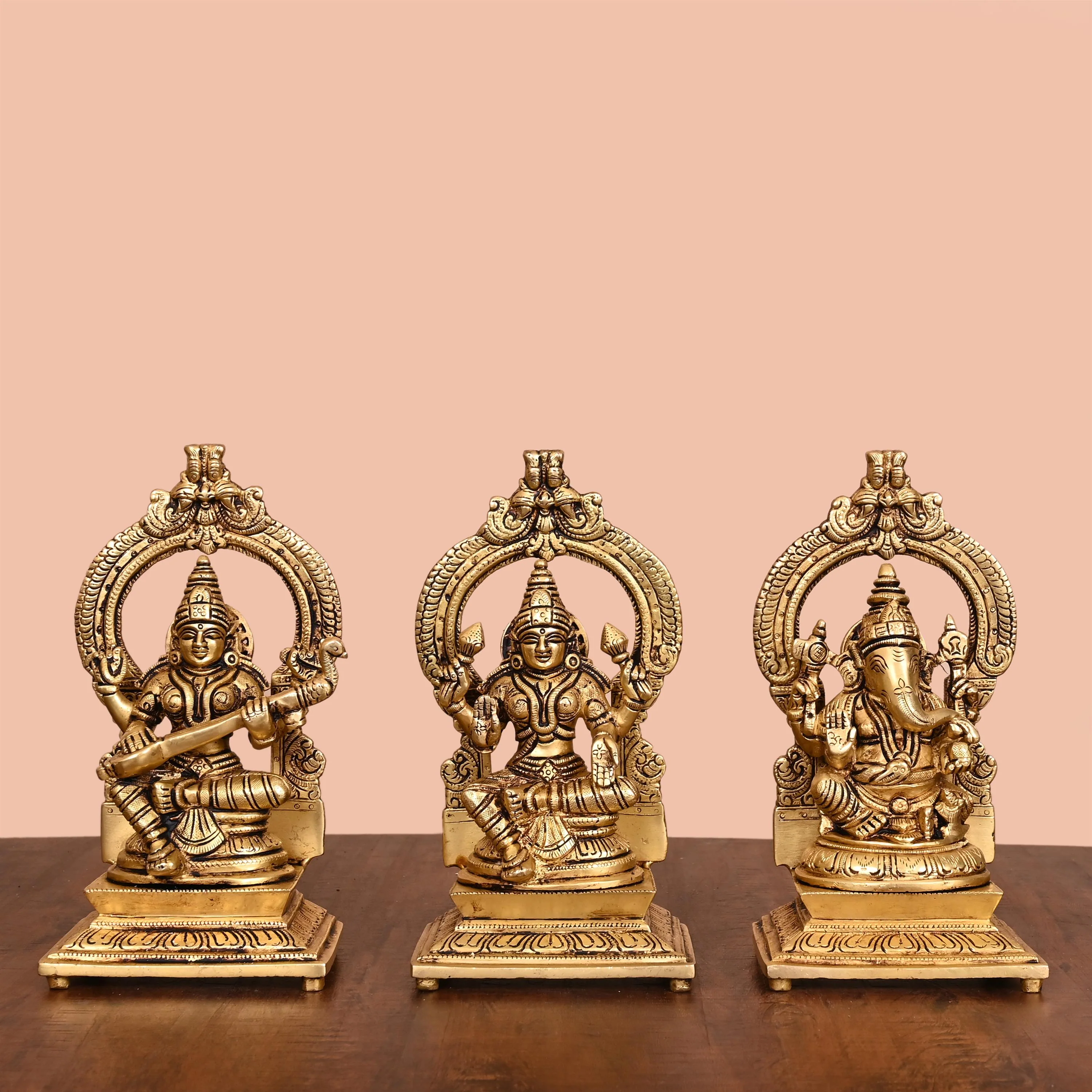 Brass Sitting Lakshmi, Ganesha, And Saraswati On Throne Set (8 Inch)