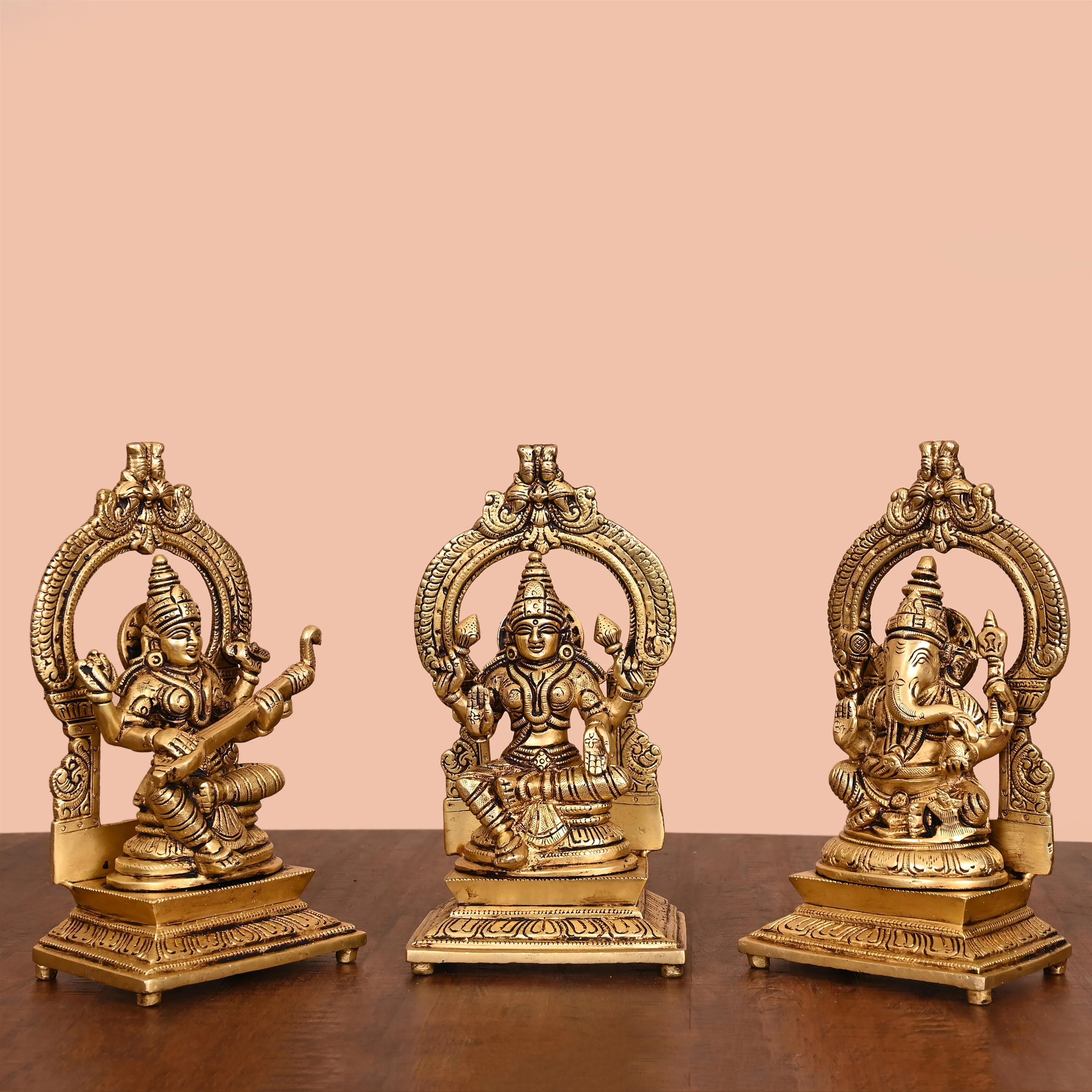 Brass Sitting Lakshmi, Ganesha, And Saraswati On Throne Set (8 Inch) - Image 2