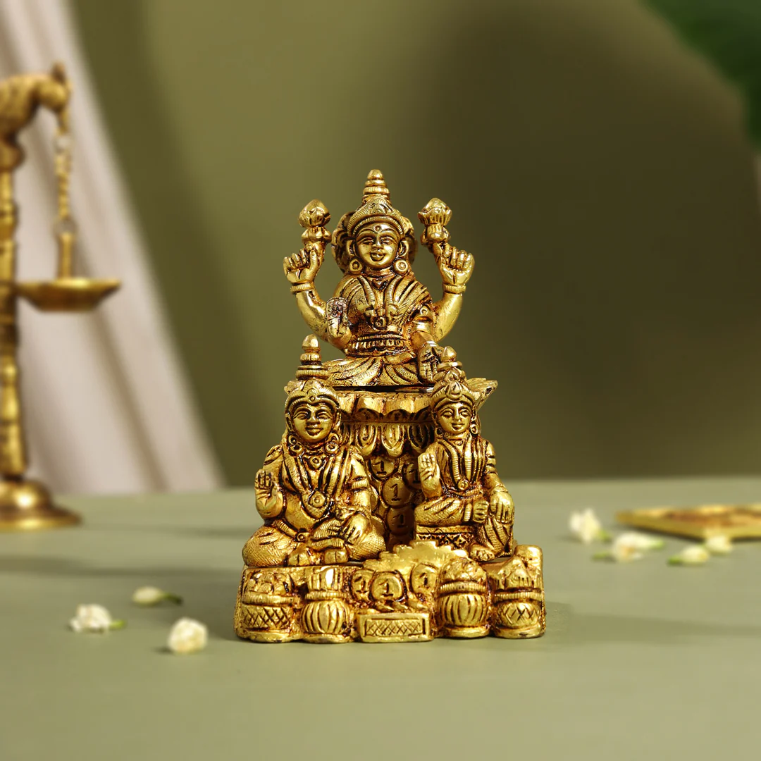 Brass Sitting Lakshmi, Kuber Statue With Chitralekha (6.2 Inch)
