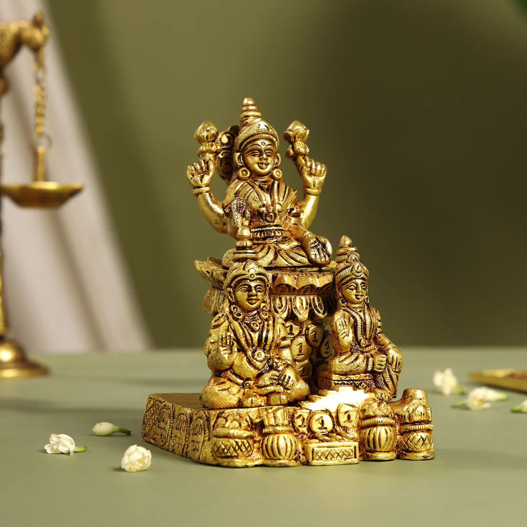 Brass Sitting Lakshmi, Kuber Statue With Chitralekha (6.2 Inch) - Image 2