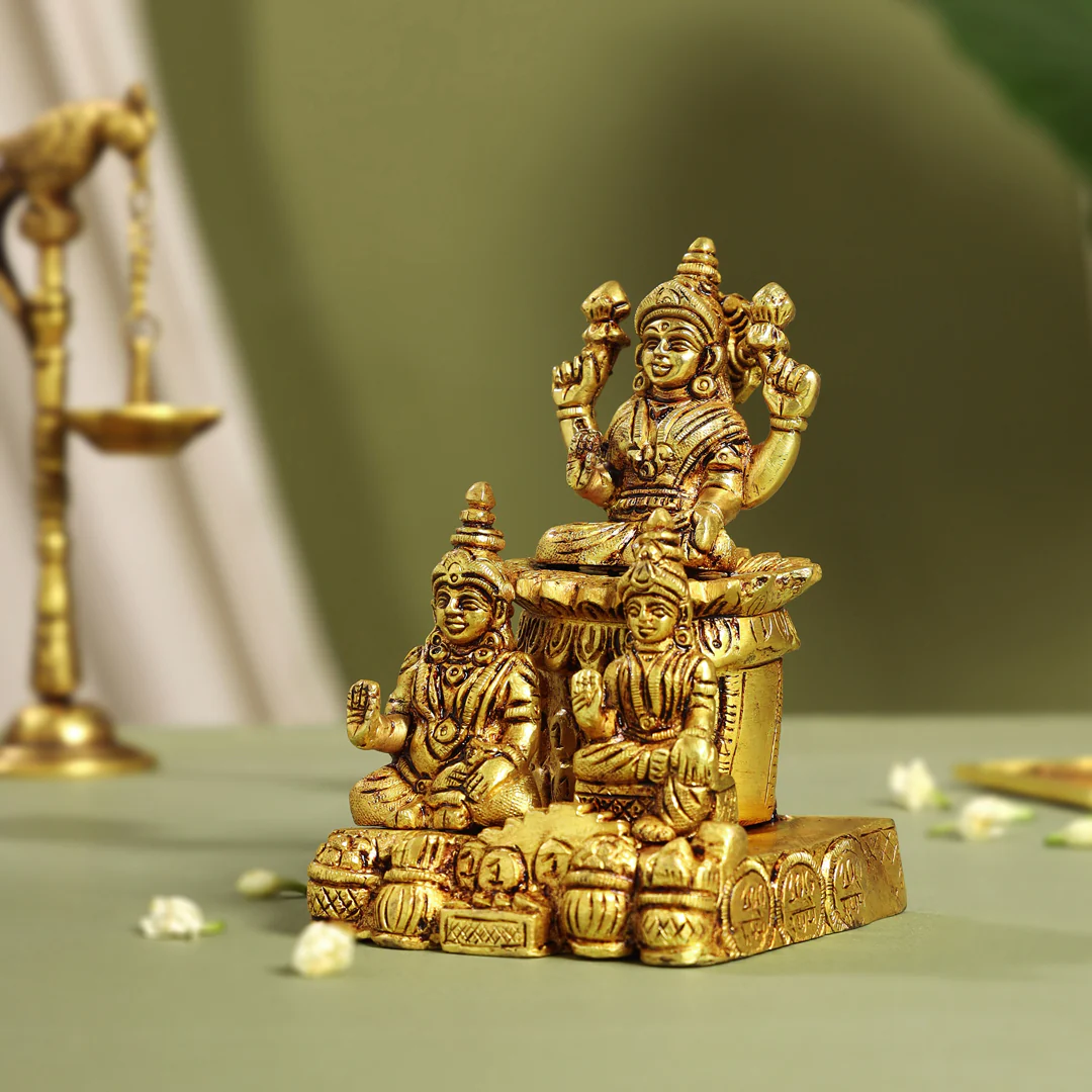 Brass Sitting Lakshmi, Kuber Statue With Chitralekha (6.2 Inch) - Image 3